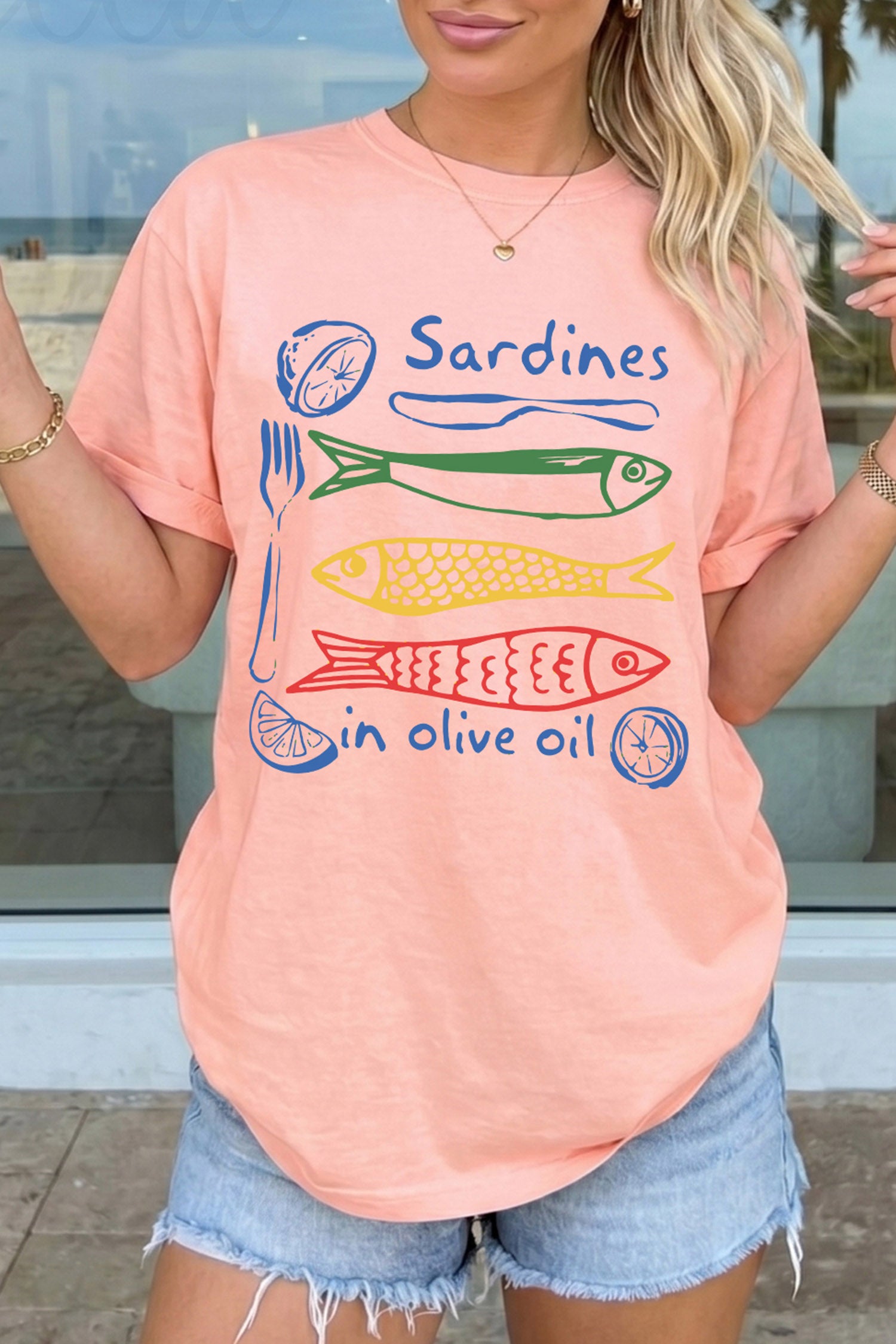 Pink Sardines in Olive Oil Graphic Casual T Shirt