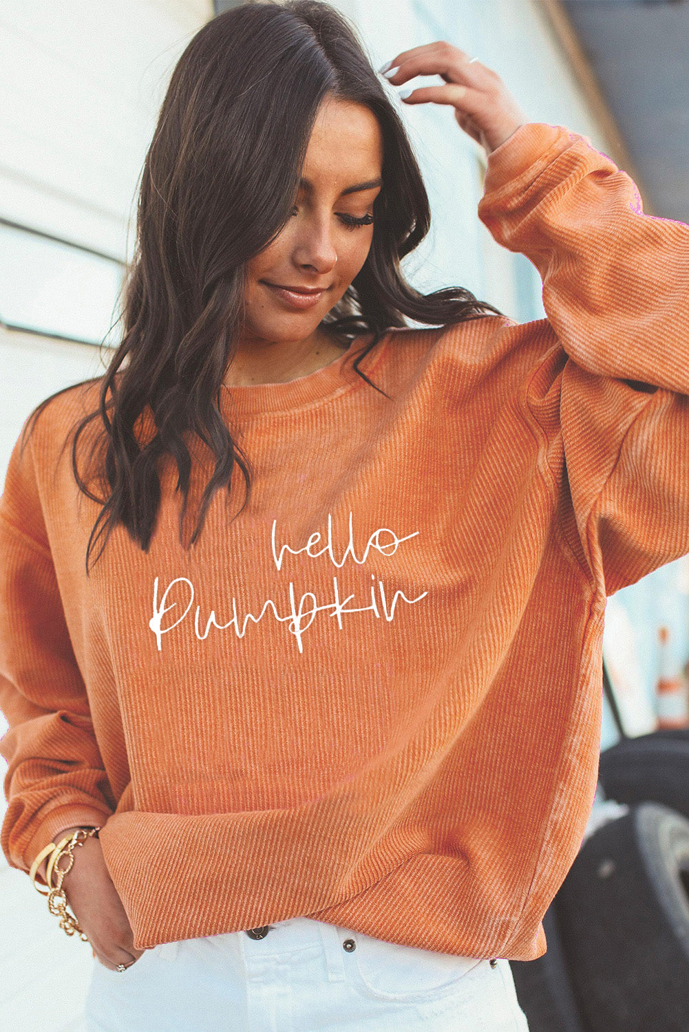 Orange hello pumpkin Letter Embroidered 3D Ribbed Texture Baggy Sweatshirt