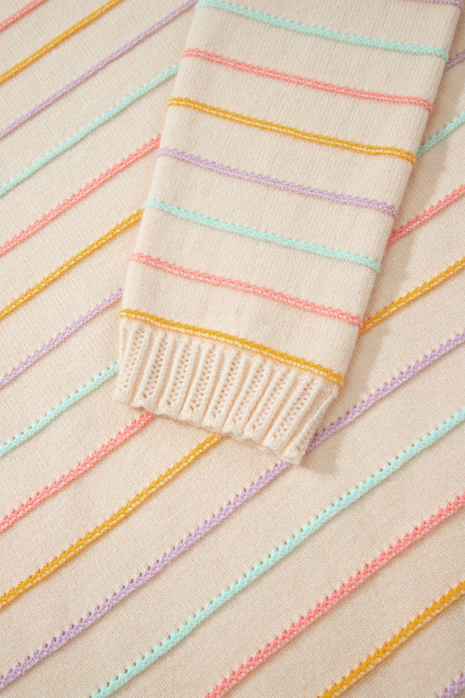 Beige Stripe Colorful Stripes Crew Neck Knit Sweater