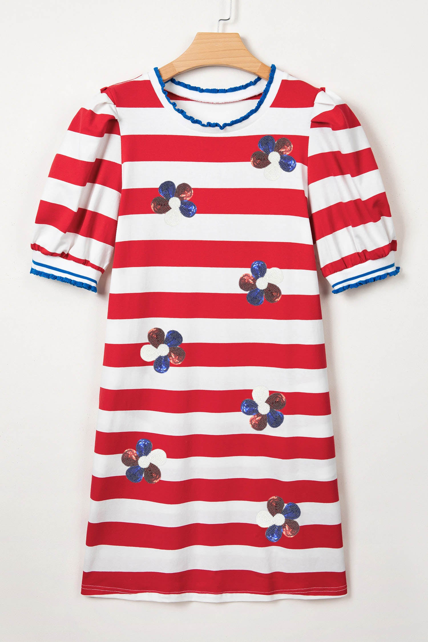 Red Stripe Patriotic Sequin Flowers Short Puff Sleeve T Shirt Shift Dress