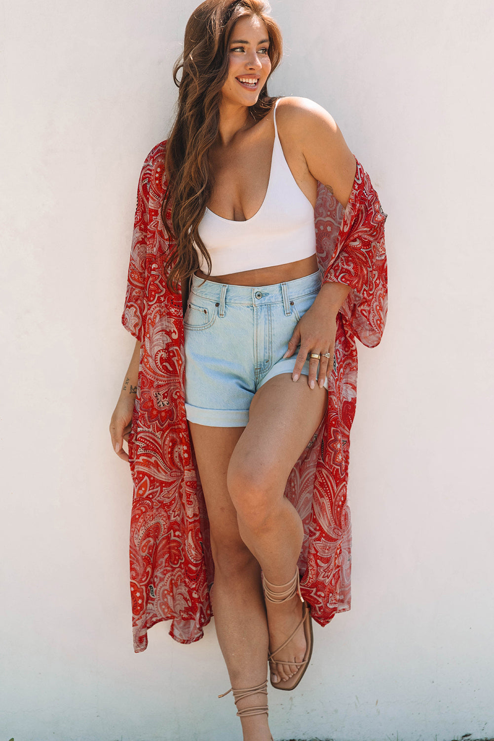 Red Floral Print Side Slit Open Front Long Kimono