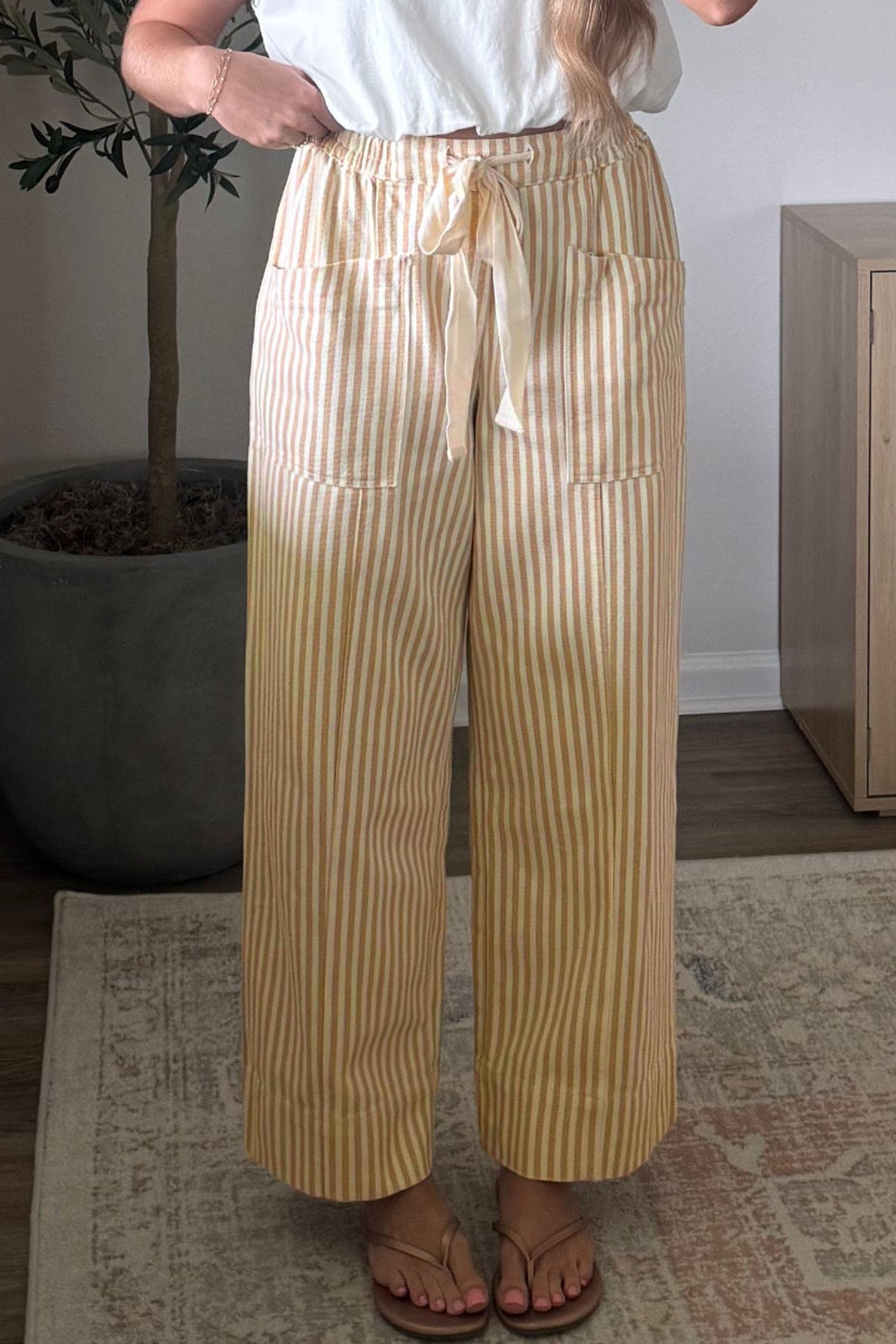 Apricot Stripe Ribbon Drawstring Waist Full-Length Shift Pant