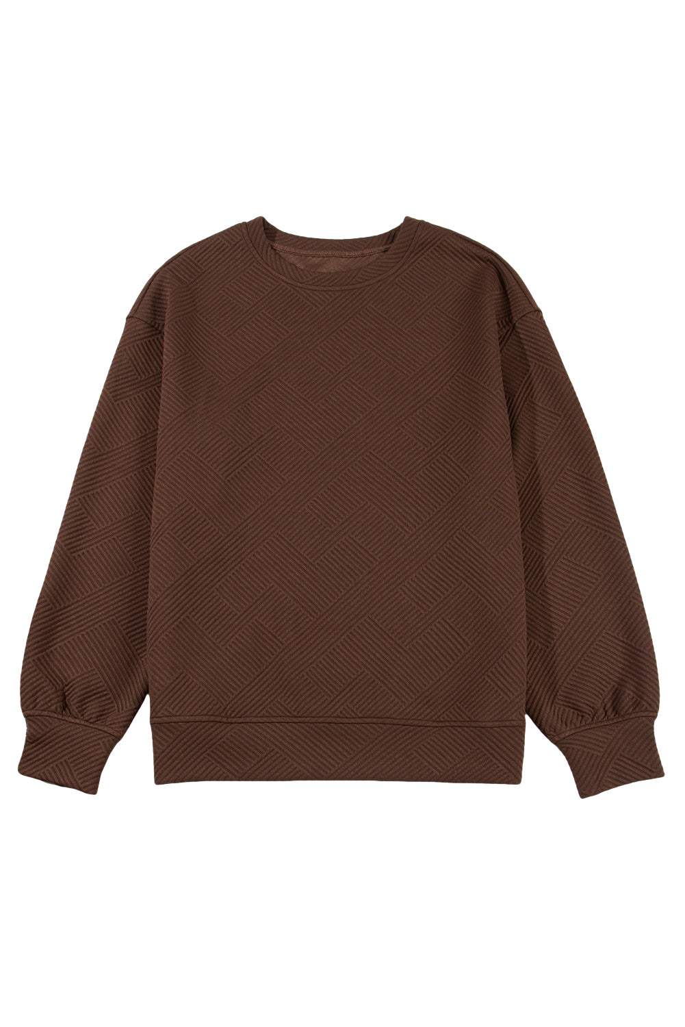 Coffee Solid Color Textured Round Neck Drop Shoulder Pullover Sweatshirt