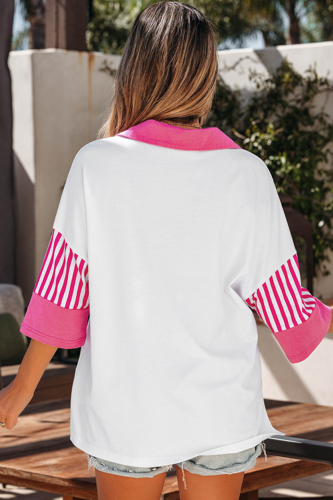 White Sequin Strawberry Print V Neck Striped Sleeve Casual Summer Tee