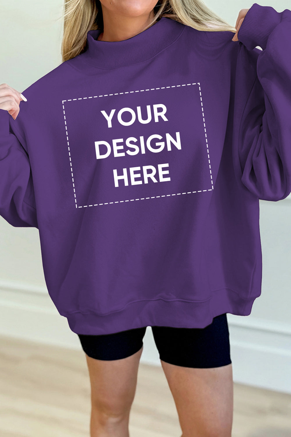 Tillandsia Purple Solid Color Oversized Mock Neck Sweatshirt