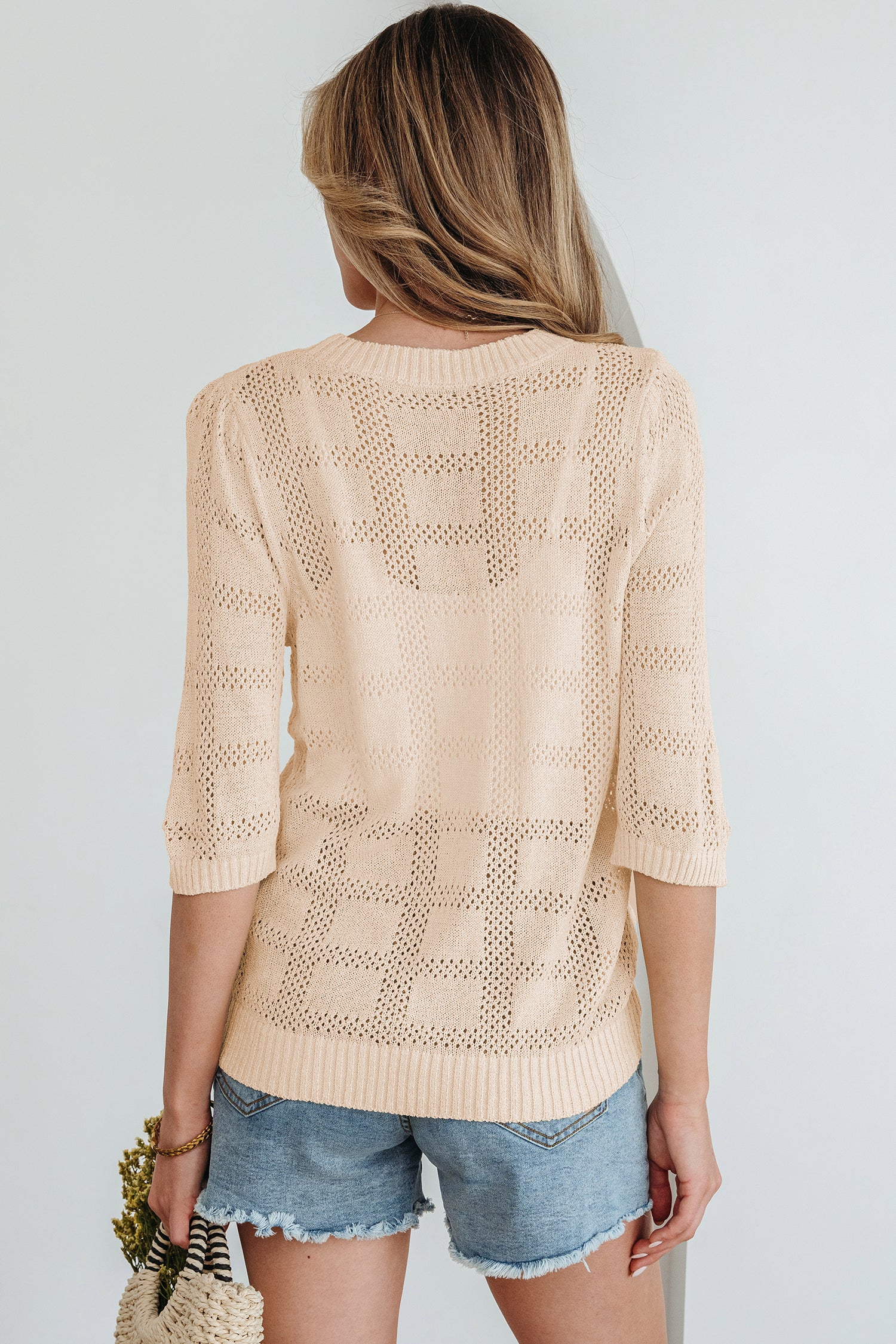 Apricot Plaid Pattern Crochet Knit Short Sleeve Sweater