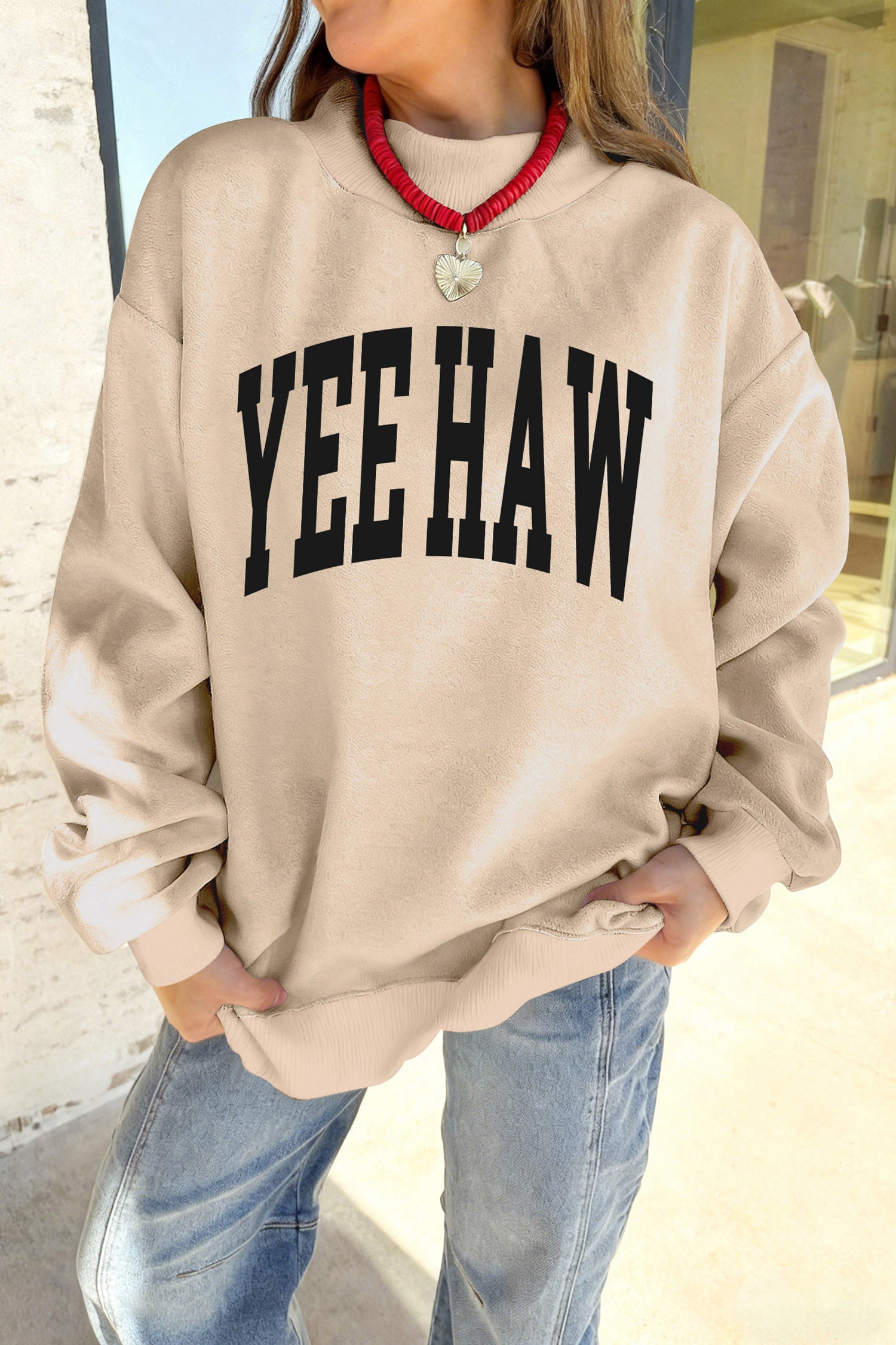Apricot HOWDY/ YEEHAW Double Side Printed Mock Neck Western Reversible Sweatshirt