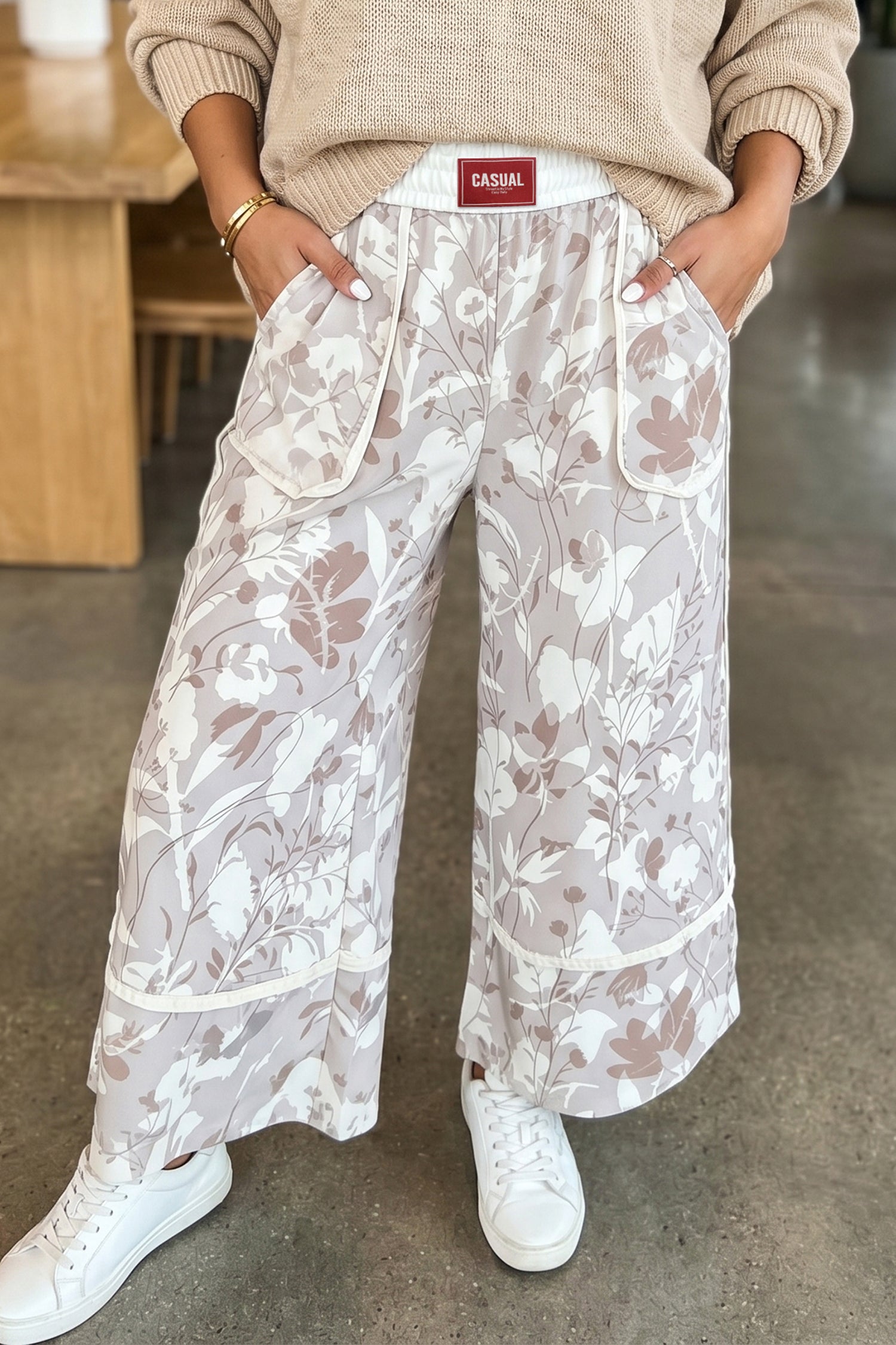 Gray Floral Print Wide Leg Ankle-Length Elastic Waistband Pants