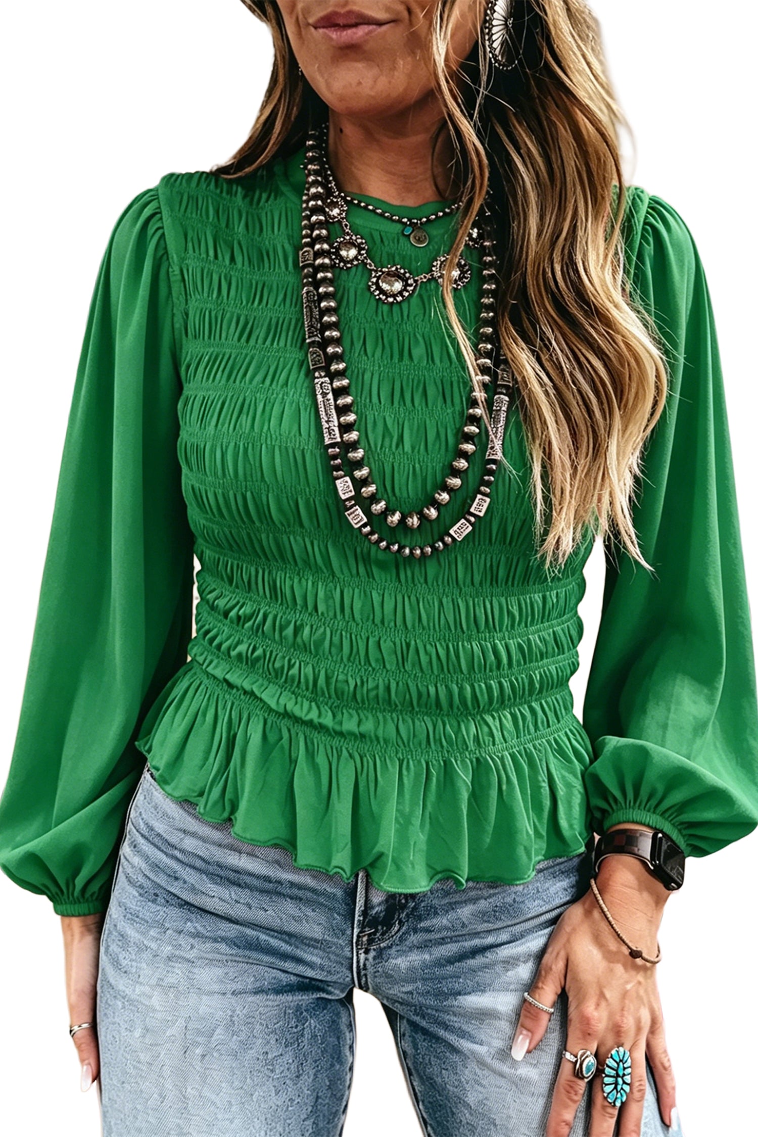 Bright Green Solid Color Smocked Ruffle Hem Long Sleeve Blouse