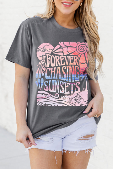 Gray FOREVER CHASING SUNSETS Graphic Summer T Shirt