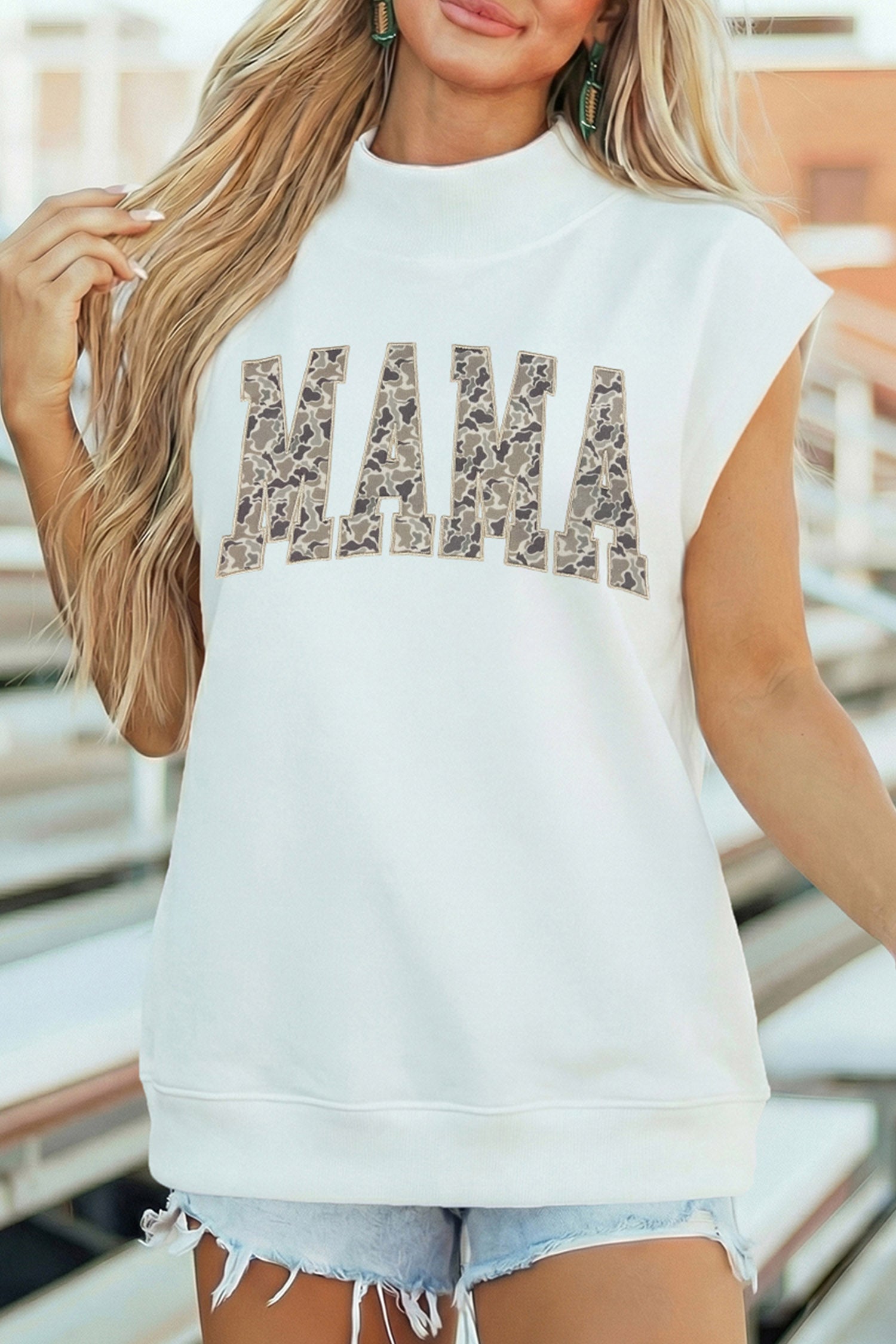 White Camouflage MAMA Lettering Cap Sleeve High Neck Top