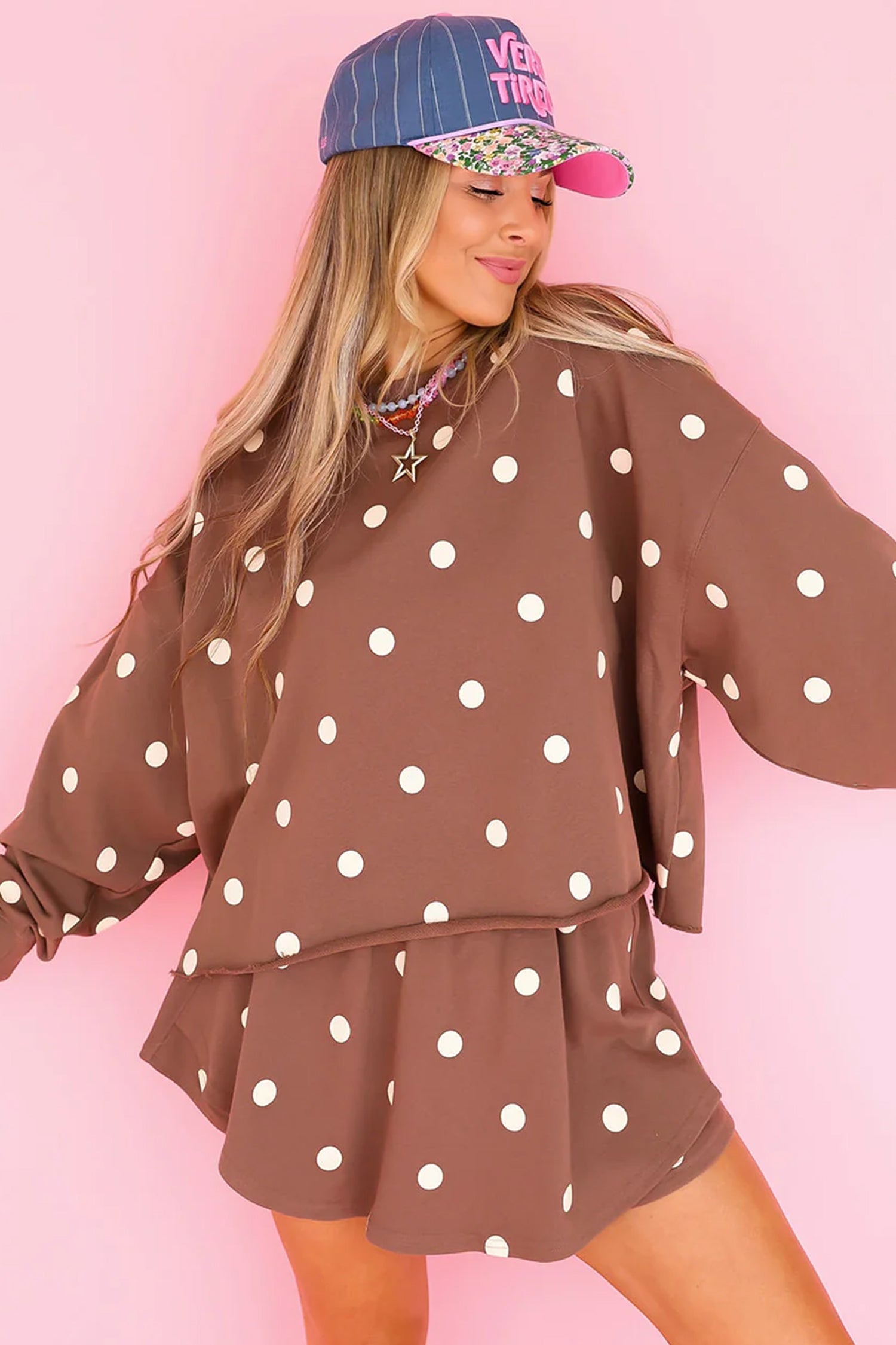 Brown Polka Dot Raw Hem Relaxed Pullover Loose Skort Two Piece Set