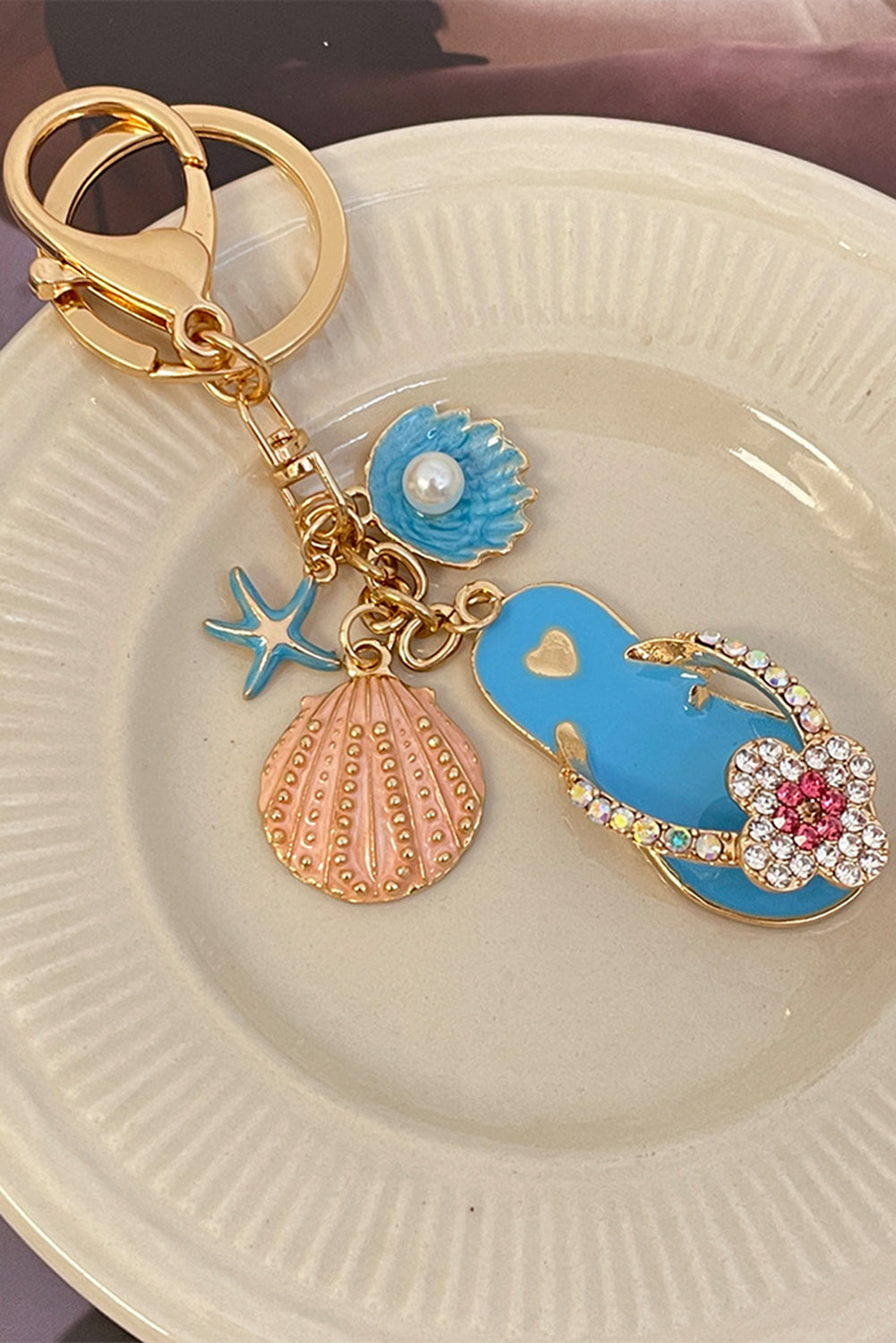 Light Blue Rhinestone Pearl Decor Slipper Shell Starfish Alloy Keychain