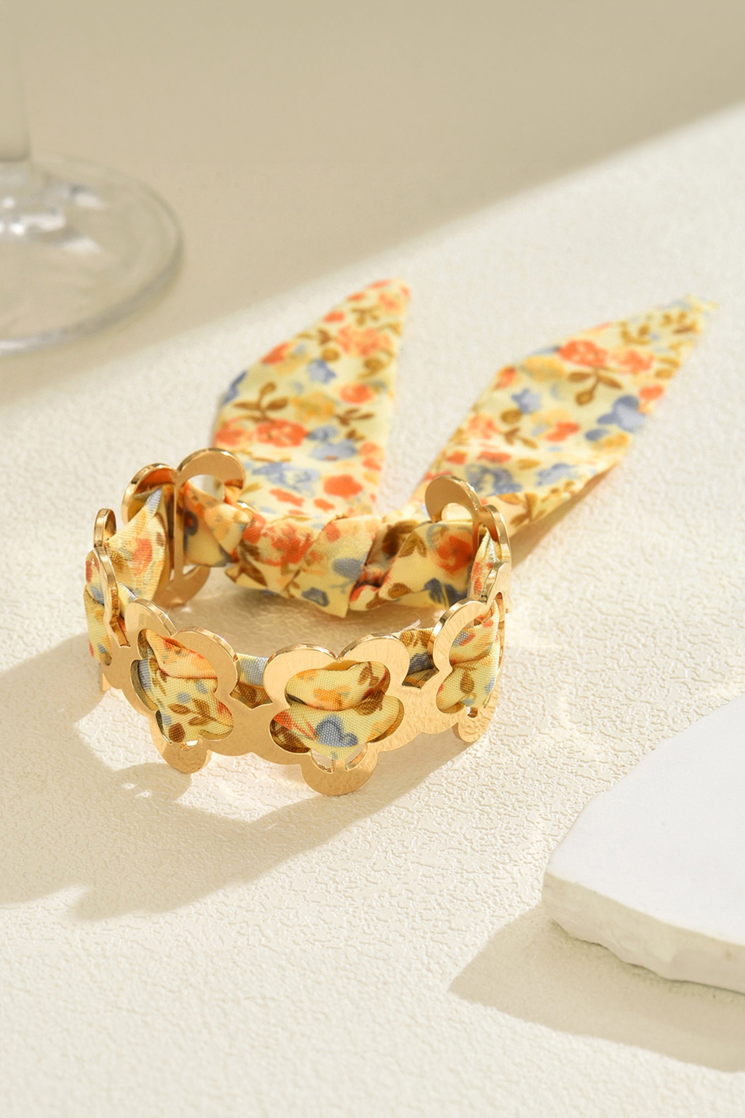Gold Alloy Hollowed Flower Bangle Floral Ribbon Knot Bracelet