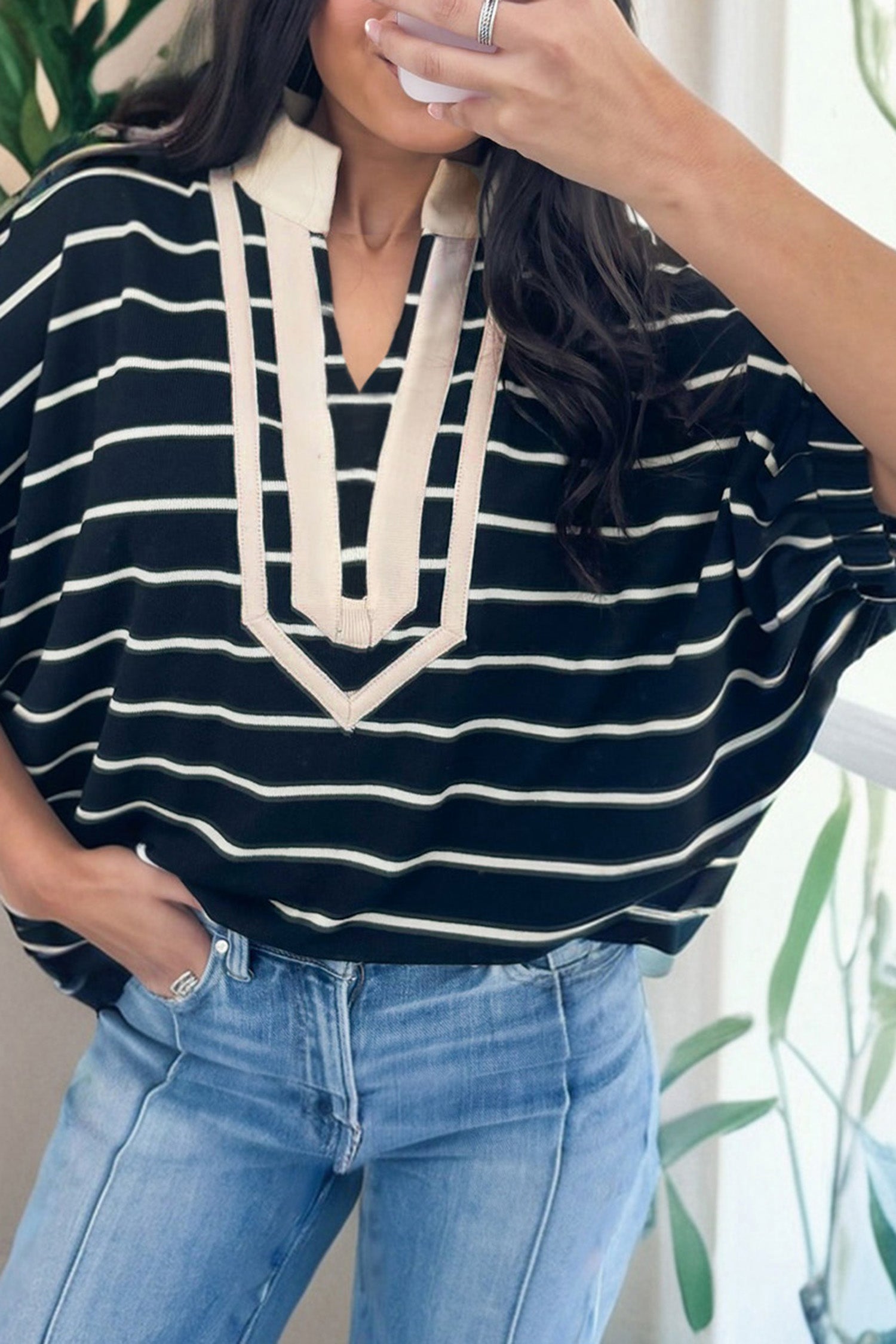 Black Stripe Stand Collar V Neck Elastic Cuffs Half Sleeve Dolman Top