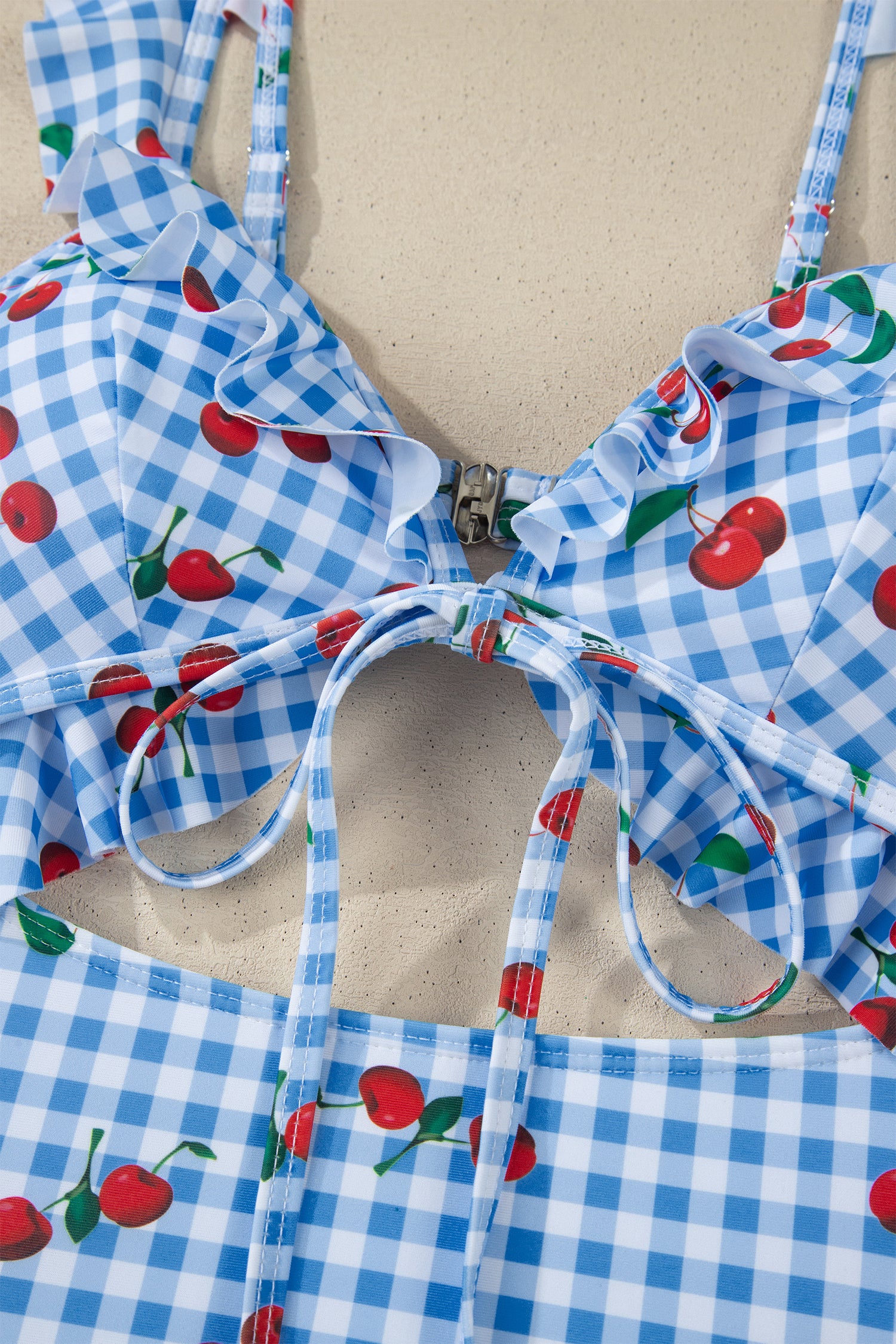 Sky Blue Plaid Cherry Print Ruffle Trim Tie Front Cutout High Waist Monokini