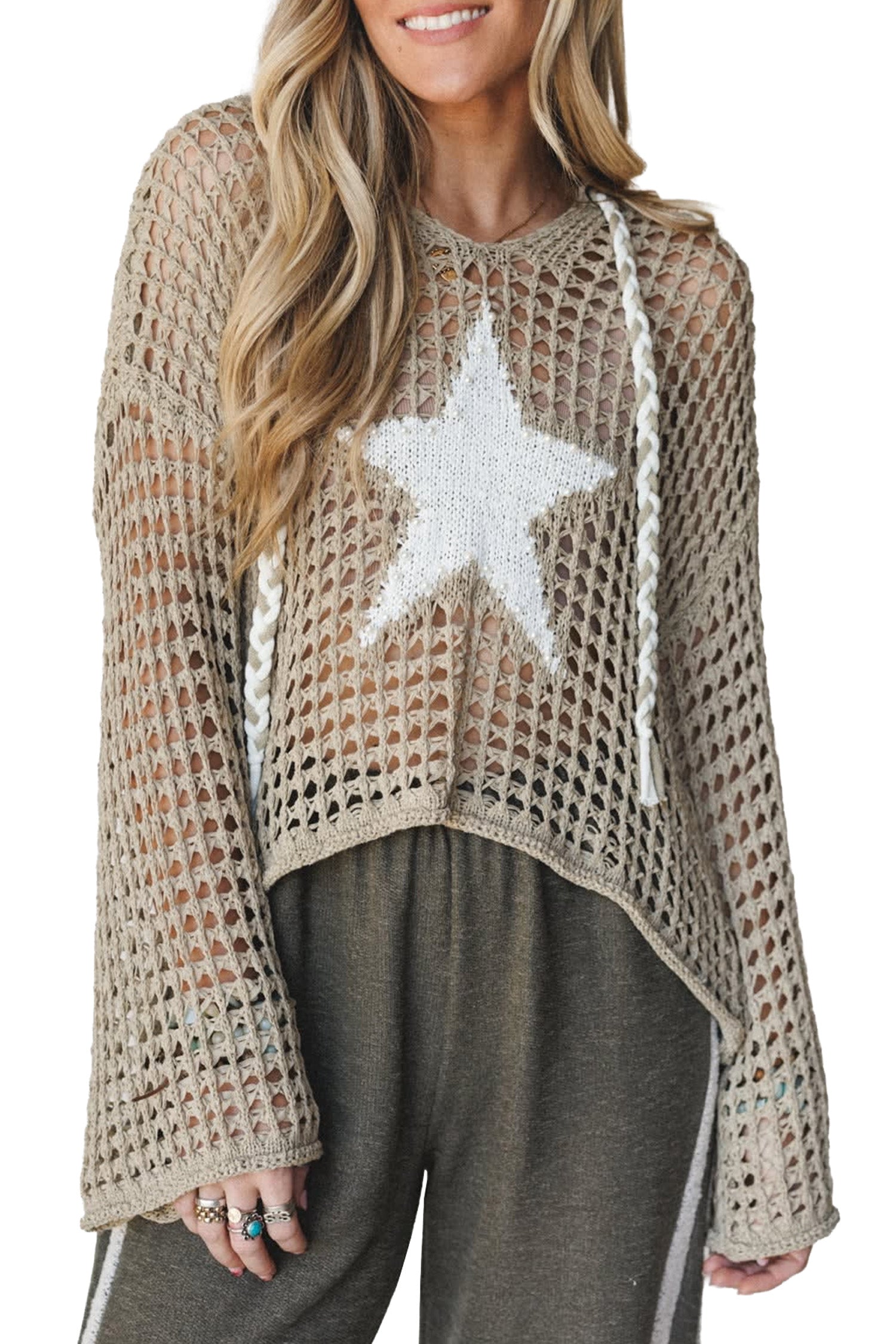 Sage Green Star Pattern Crochet Hooded Drawstring Sweater