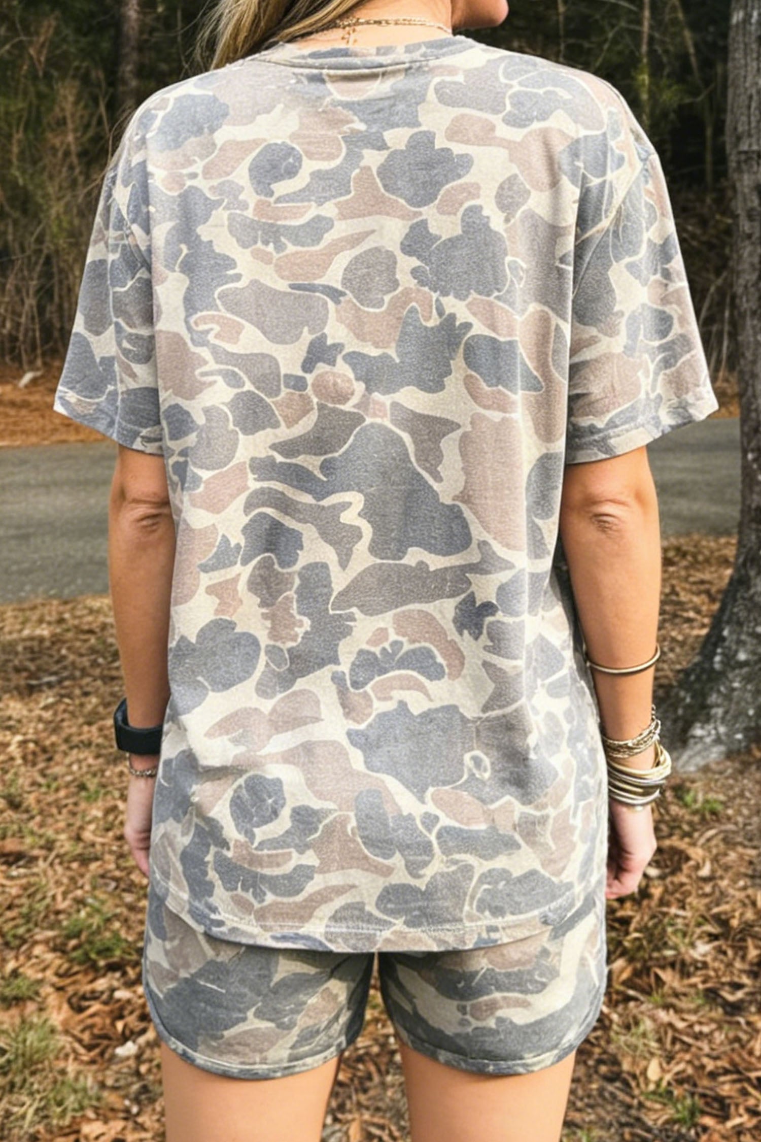 Multicolour FAITH Letter Print Relaxed Tee Camouflage 2pcs Short Set