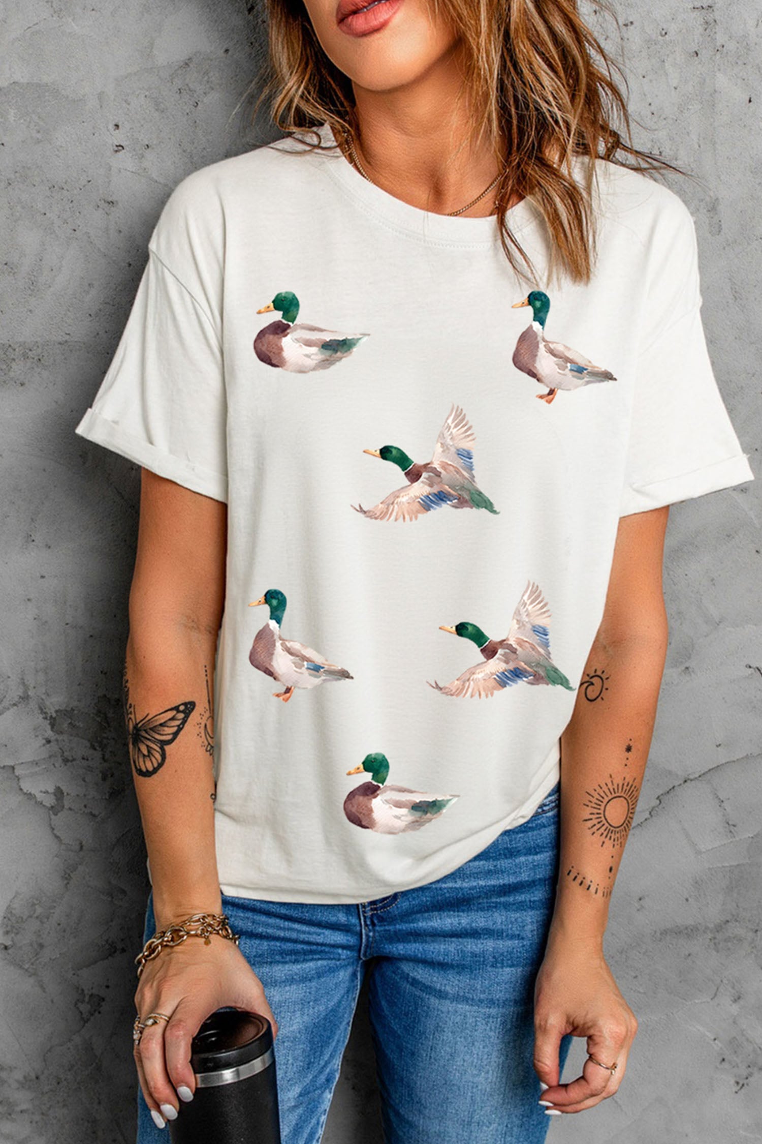 White Greenhead Duck Pattern Short Sleeve Round Neck T-Shirt
