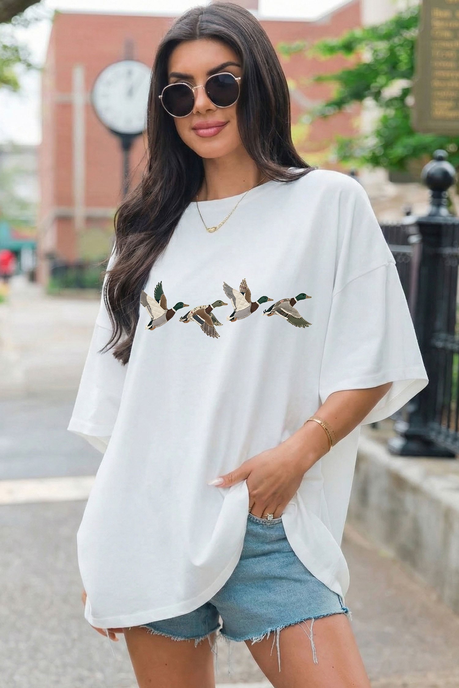 White Flying Mallard Duck Graphic Cuffed Sleeve Oversized Tee