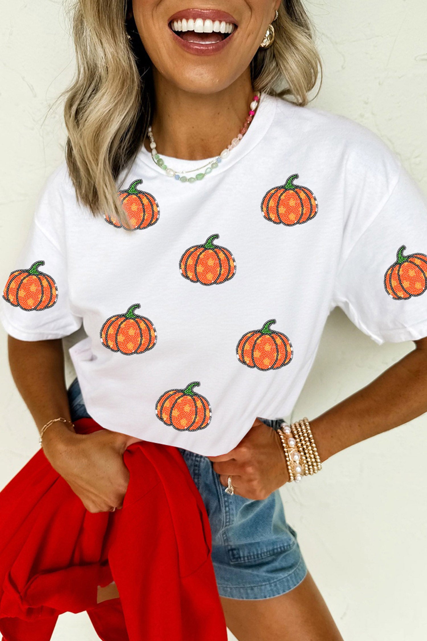 White Sequined Star Pumpkin Graphic Casual Round Neck T Shirt