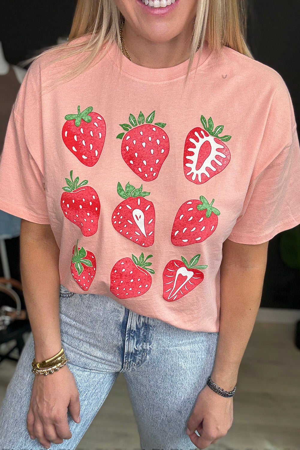 Pink Strawberry Fruit Pattern Graphic Tee