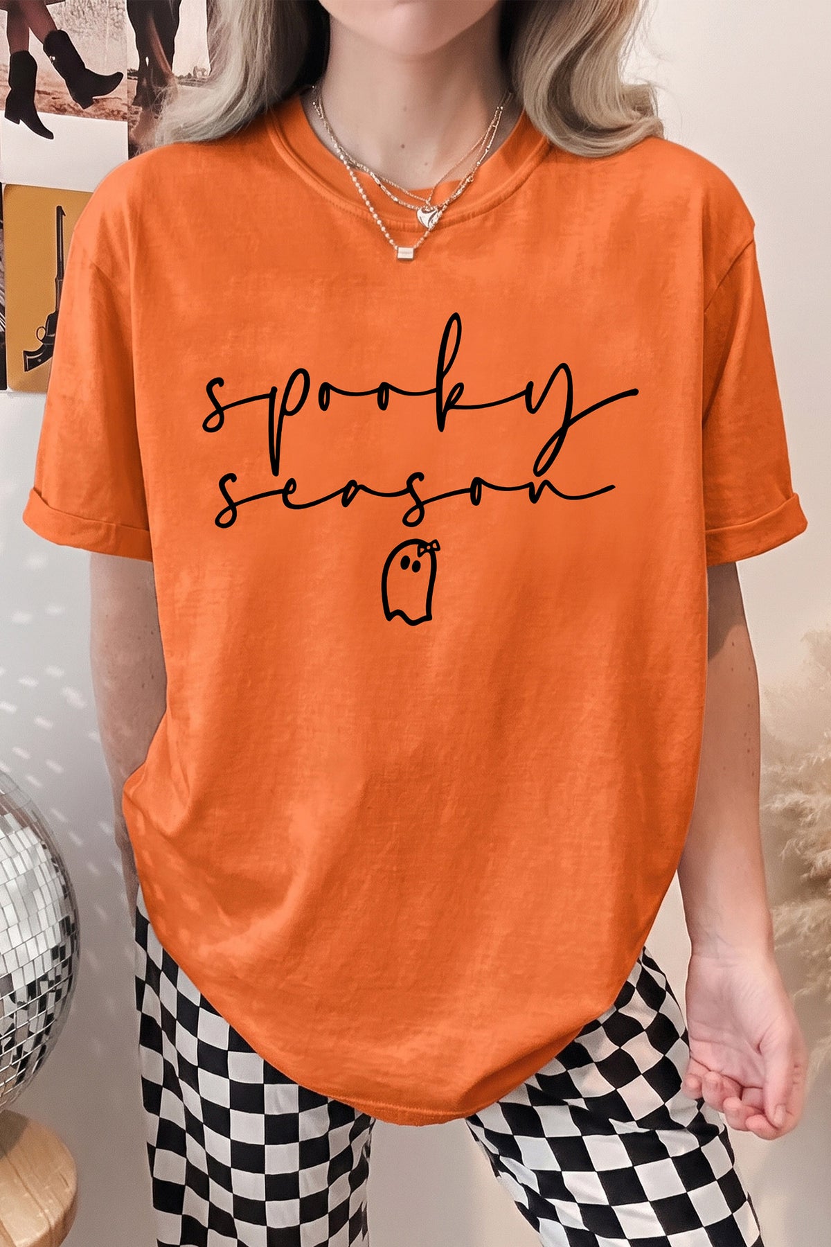 Orange Spooky Season Ghost Graphic Halloween Short Sleeve Tee