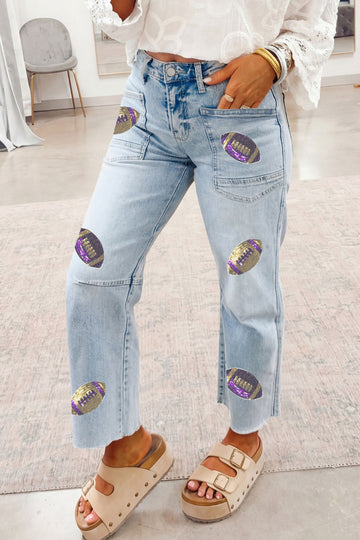 Beau Blue Sequin Rugby Patch Graphic Ankle Length Casual Jeans