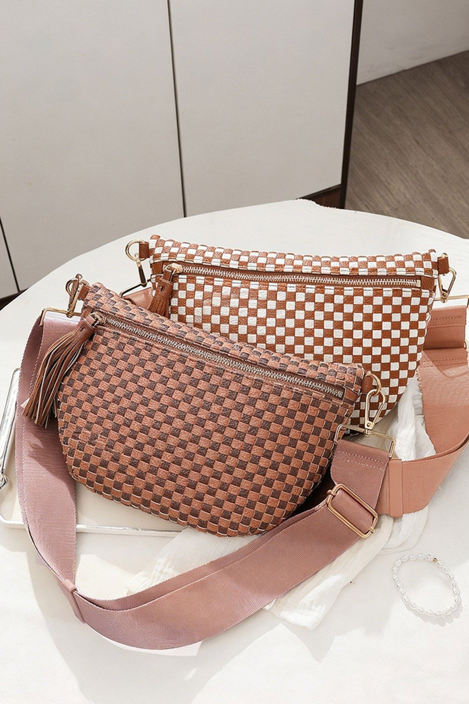 Clay Checkered Woven PU Leather Crossbody Bag Adjustable Strap Large Size
