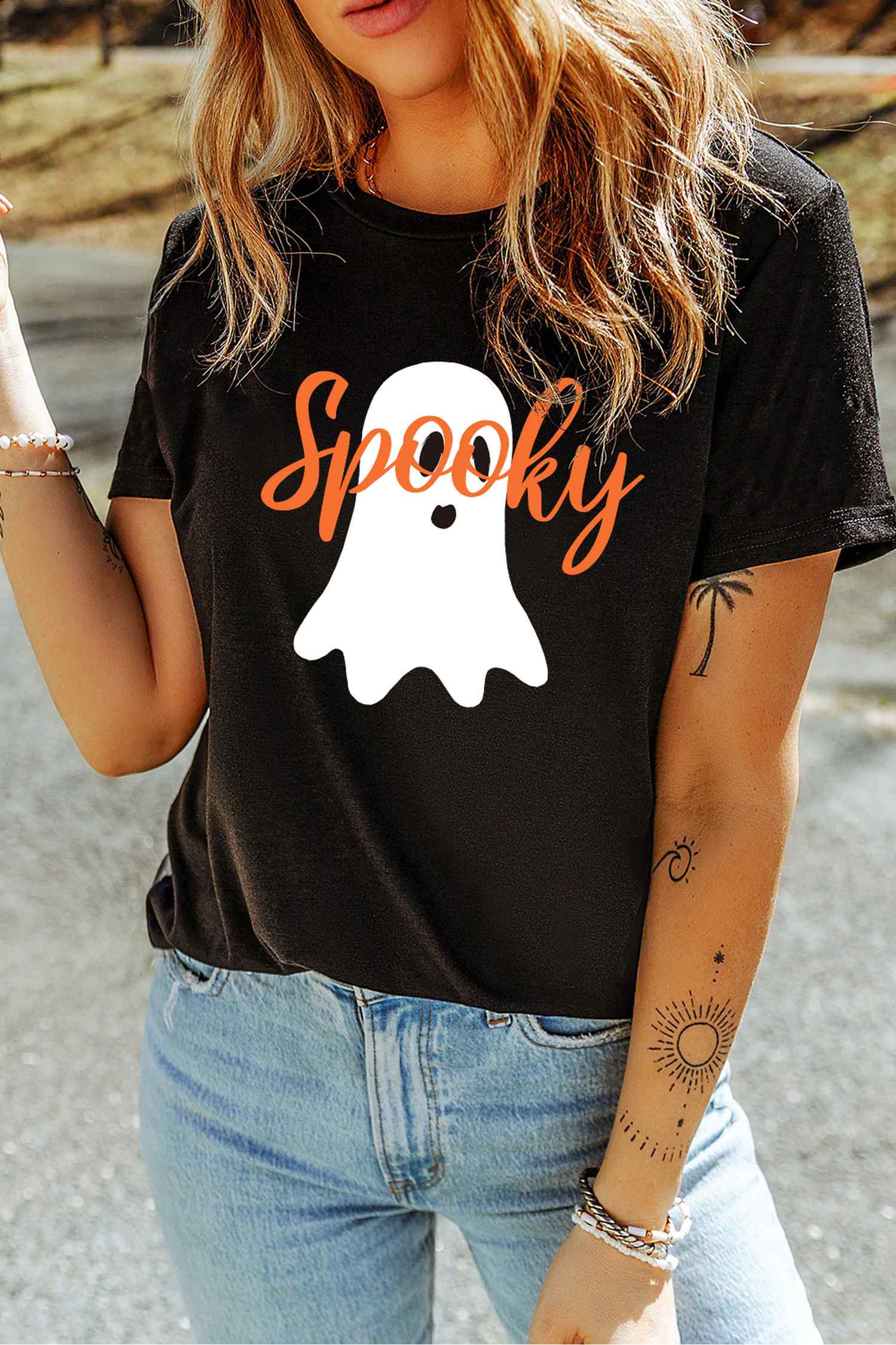 Black Halloween Ghost Spooky Print Graphic T-Shirt