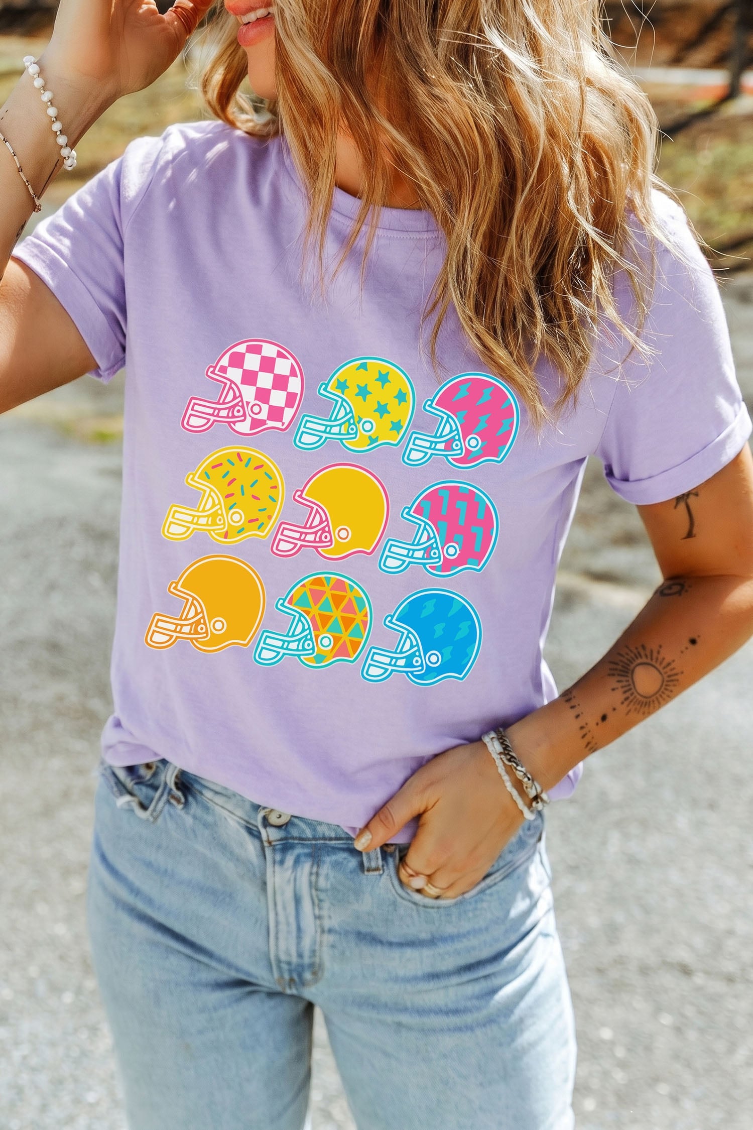 Orchid Petal Game Day Helmet Print Relaxed Crew Neck Tee
