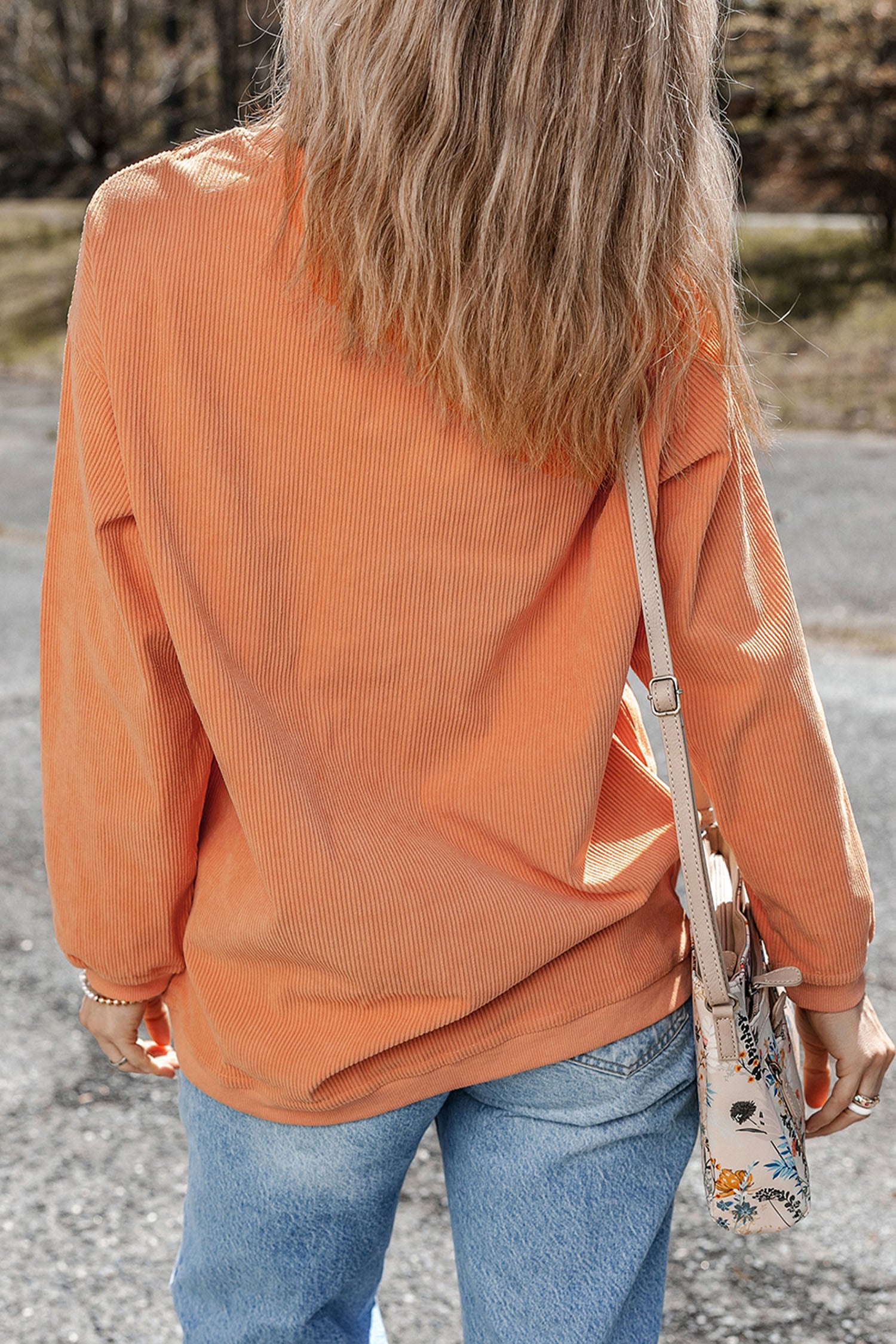 Orange Ribbed Texture Embroidered Fall Drinks Graphic Sweatshirt