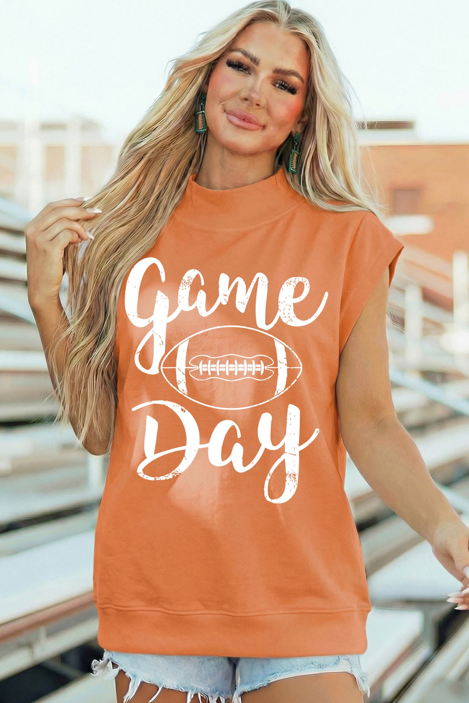 Orange Game Day Rugby Graphic High Neck Short Sleeve Tunic Top
