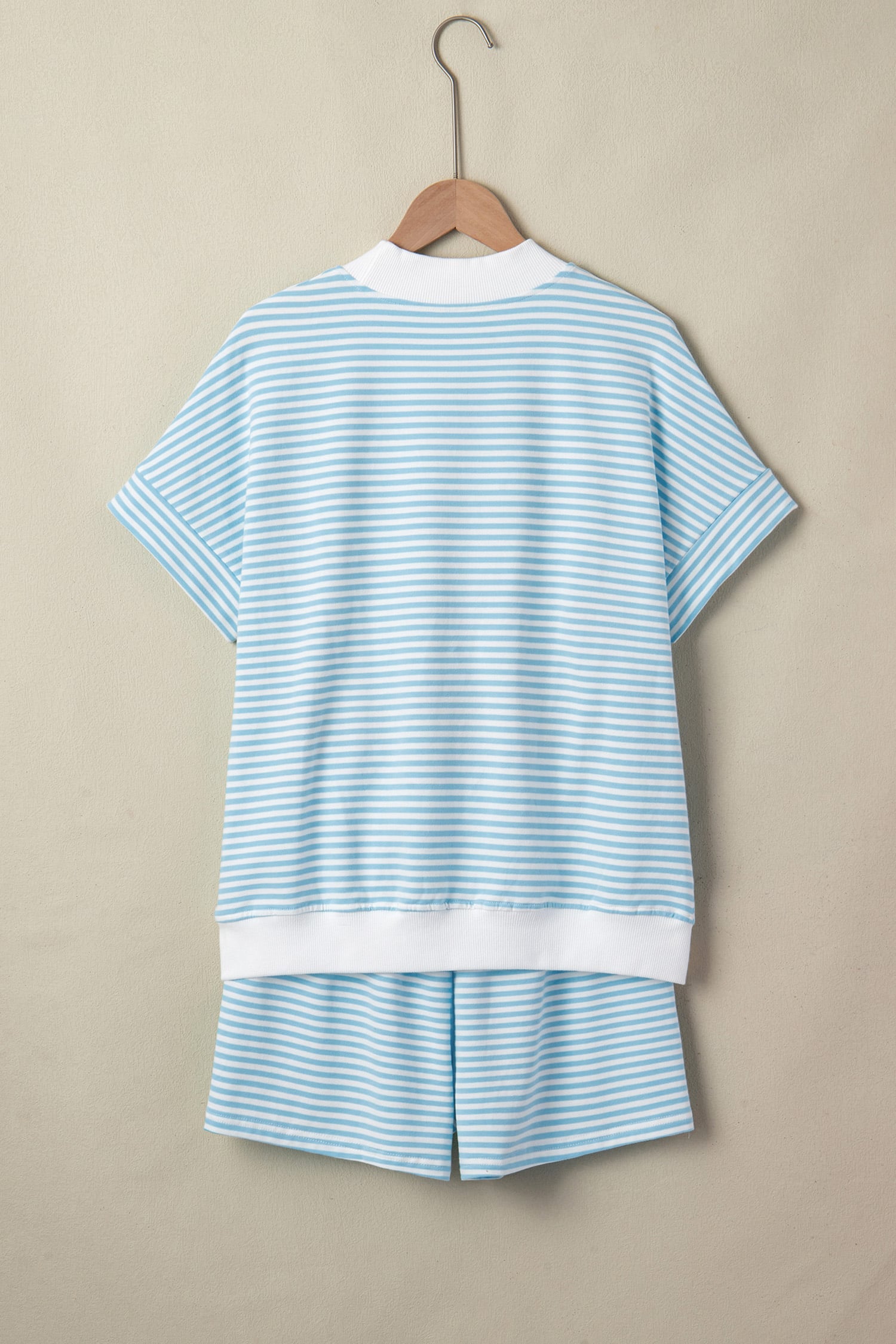 Sky Blue Stripe Sequined Rugby Patch Graphic High Neck Short Sleeve Top Casual Short Set