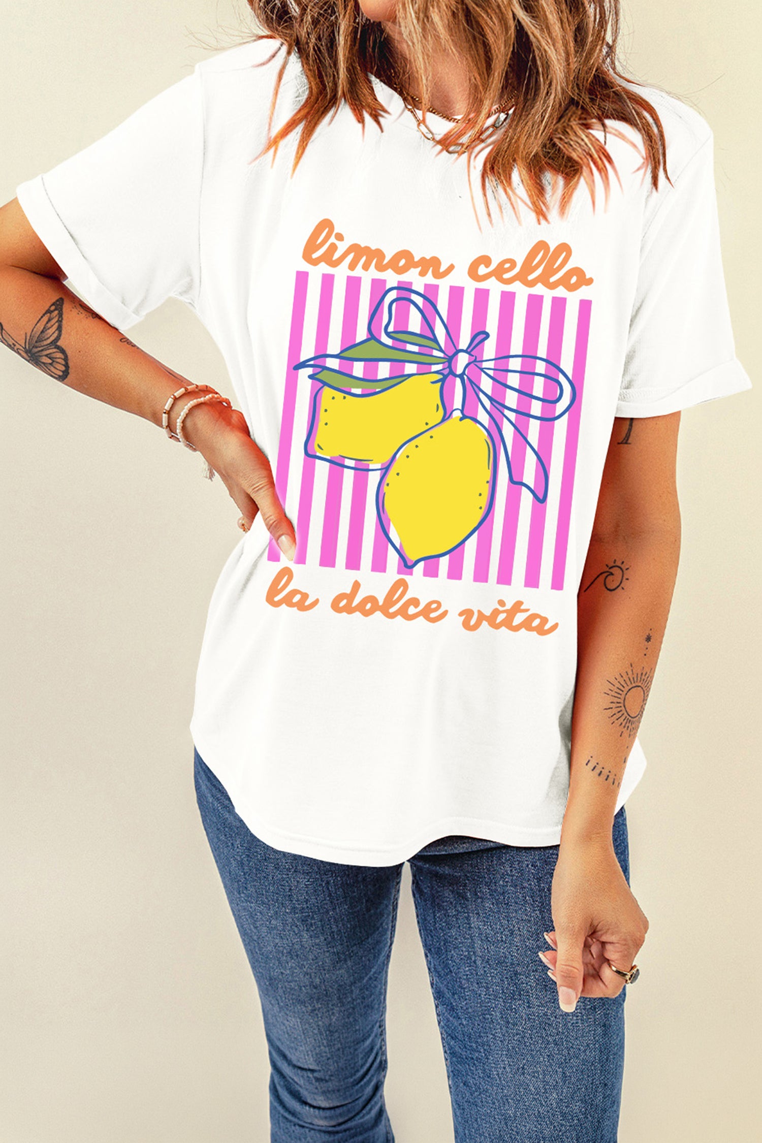 White Limon Cello La Dolce Vita Striped Graphic Tee