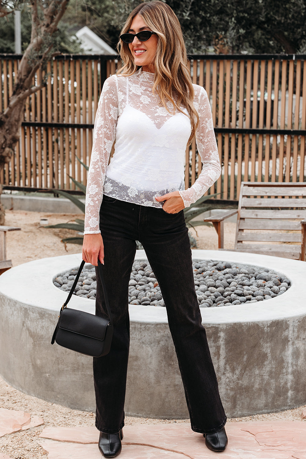 White Sheer Floral Lace Mesh Mock Neck Long Sleeve Top