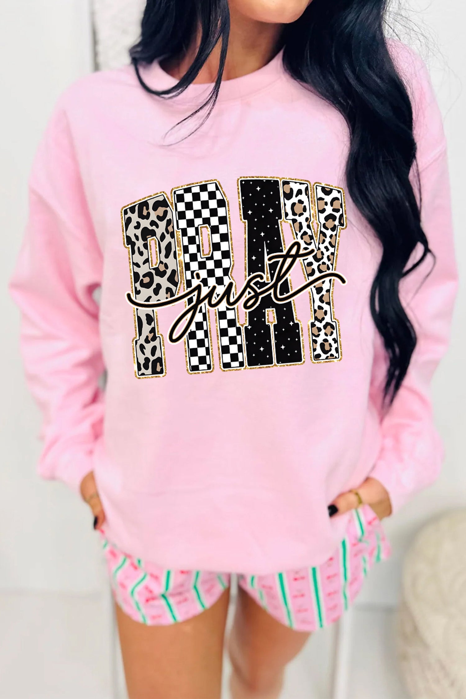 Pink Just PRAY Unique Letter Graphic Round Neck Pullover Sweatshirt