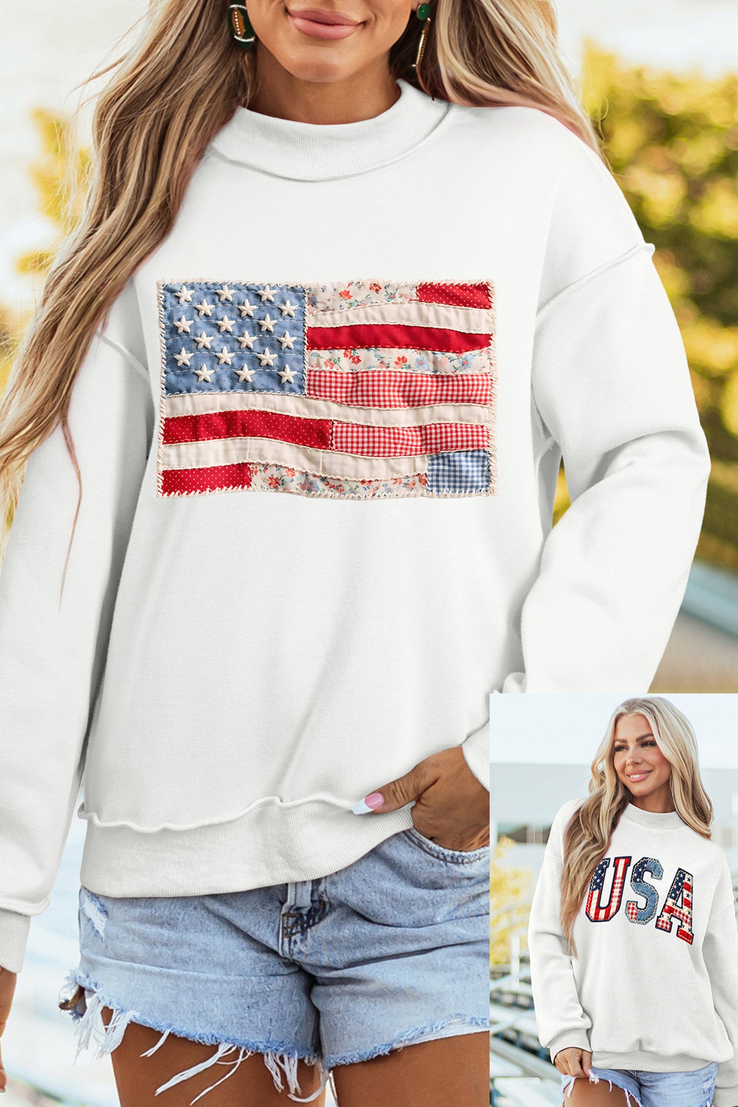 White Faux Patchwork Print USA Flag Double Side Printed Reversible Sweatshirt