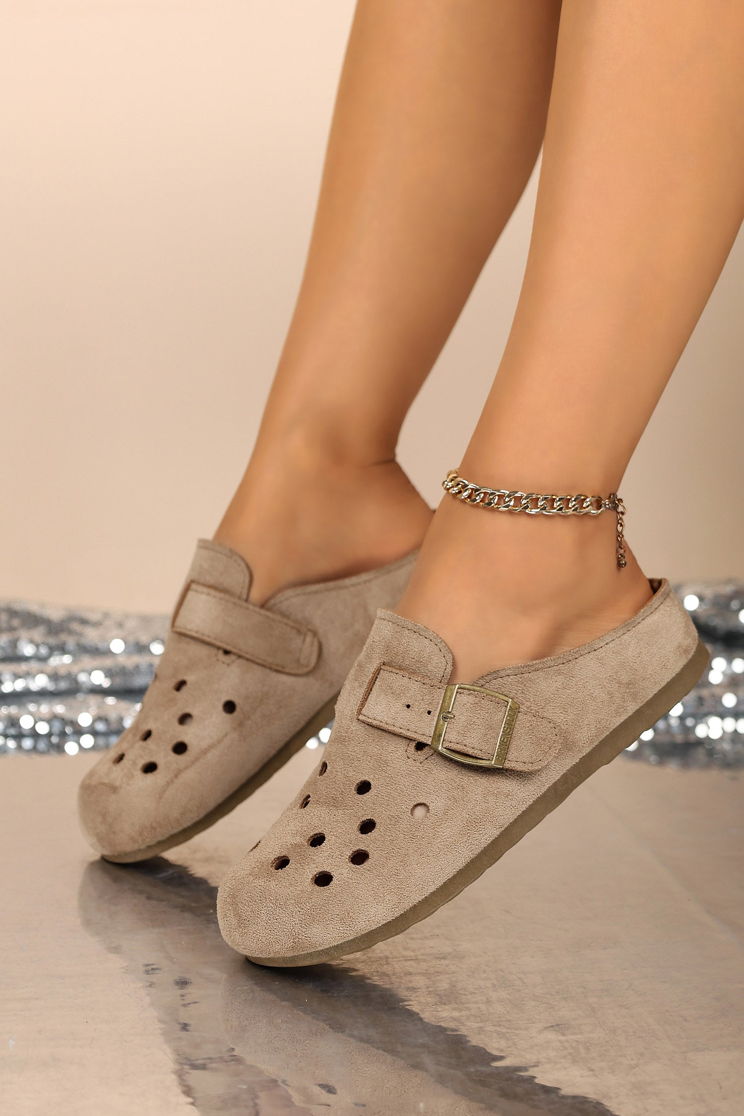Light French Beige Faux Suede Retro Buckle Hollow Out Casual Mules Slippers
