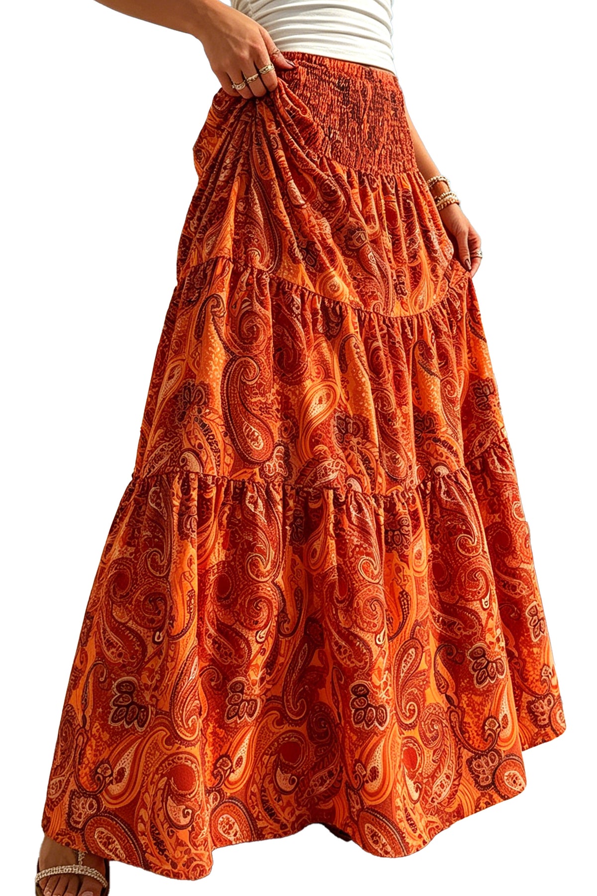 Flamingo Boho Vintage Paisley Print Tiered Long Skirt