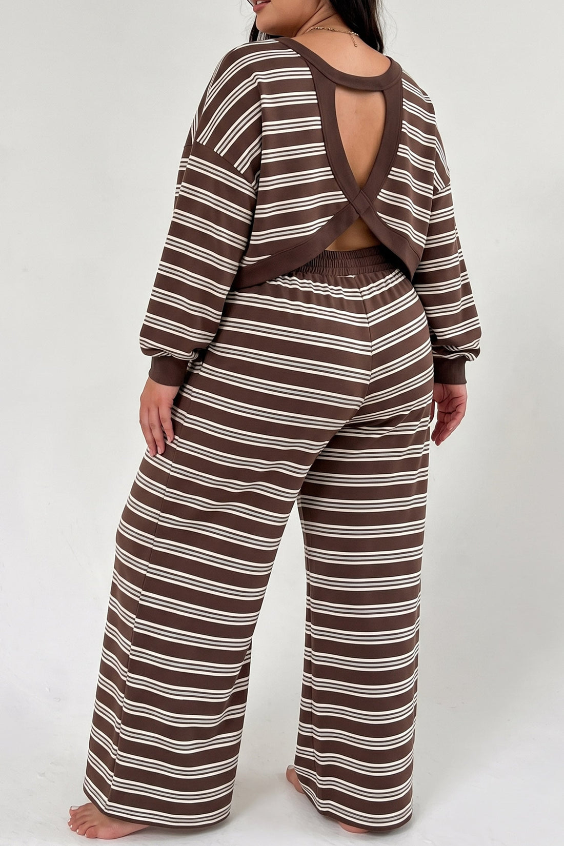 Brown Stripe Drop Shoulder Long Sleeve Top Drawstring Elastic Waist Loose Pants Plus Size Outfit