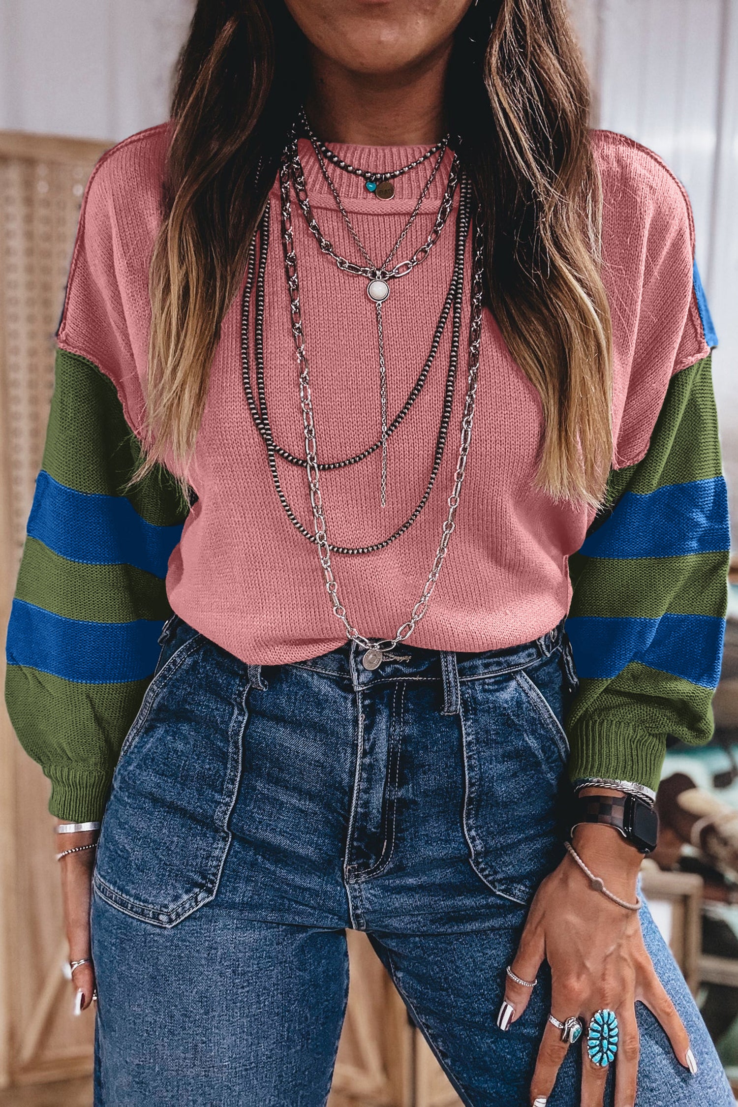 Multicolour Western Colorblock Patchwork Striped Long Sleeve Pullover Sweater