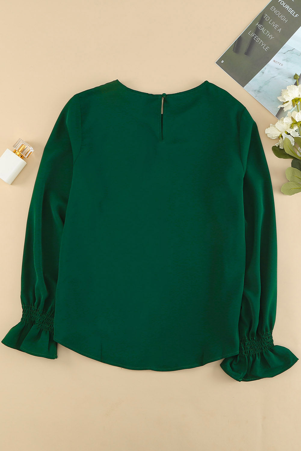 Green Crew Neck Ruffle Bubble Sleeve Top