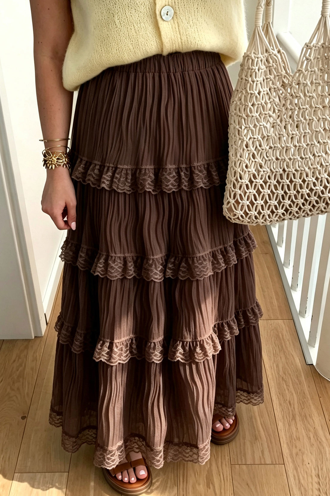 Dark Brown Pleated Tiered Lace Trim Maxi Skirt