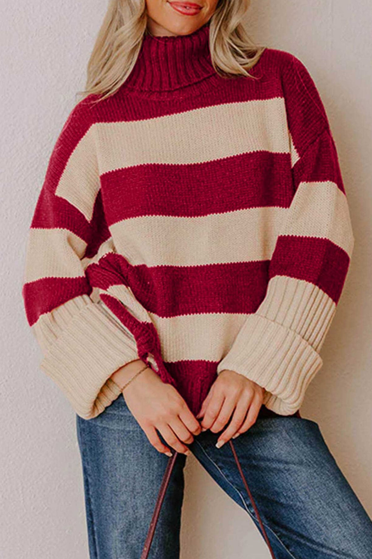 Red Stripe Ribbed Trim High Neck Relaxed Pullover Sweater
