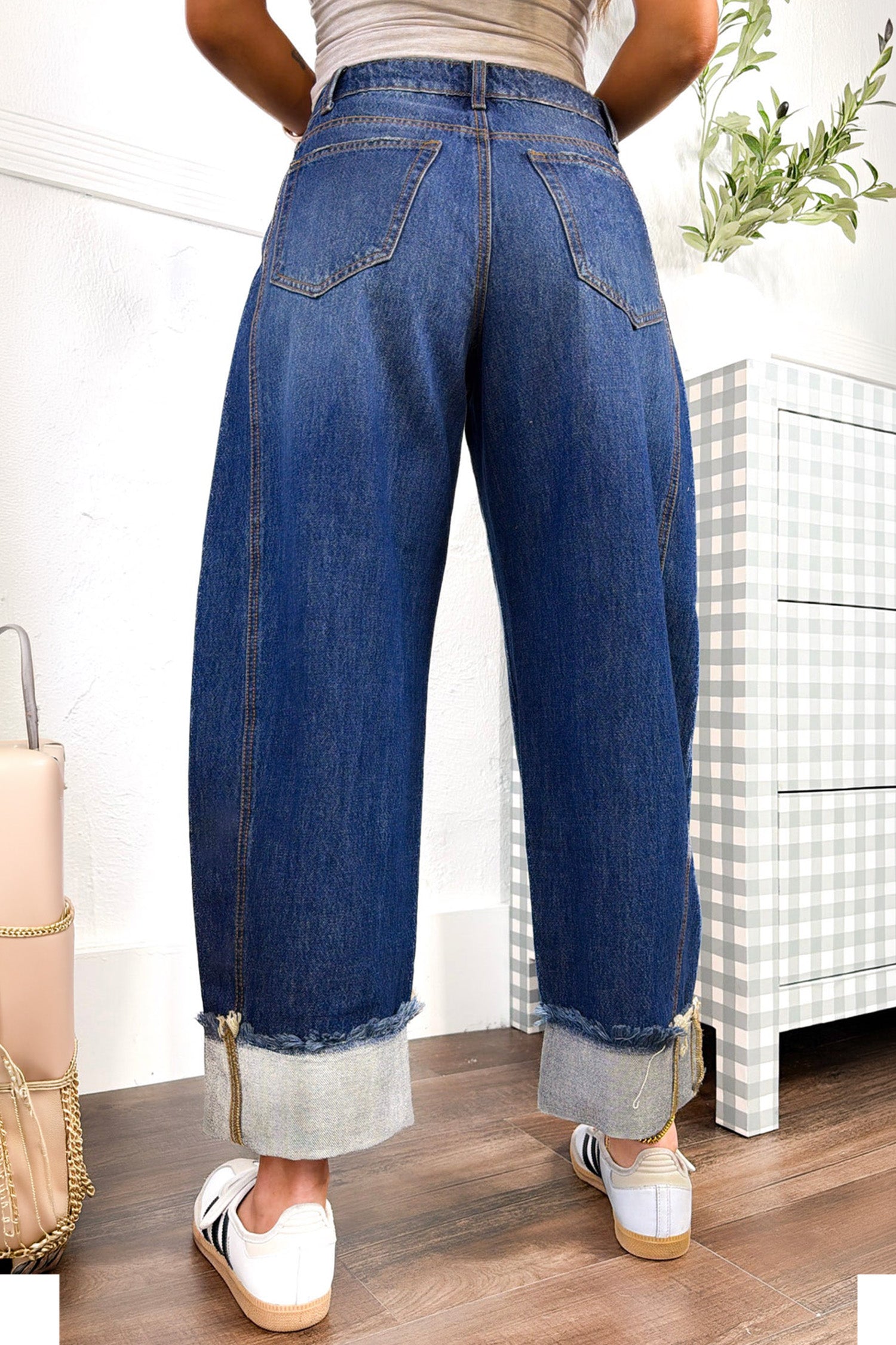 Sail Blue Raw Hem Turnup Loose Ankle-length Jeans