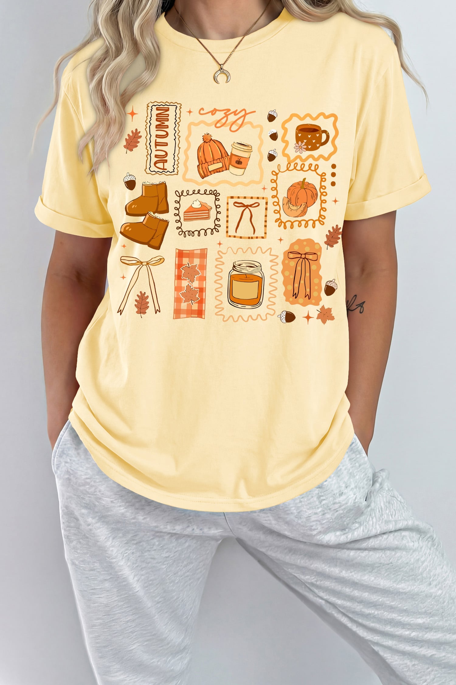 Yellow Cream Cozy Autumn Graphic Round Neck Relaxed T-Shirt