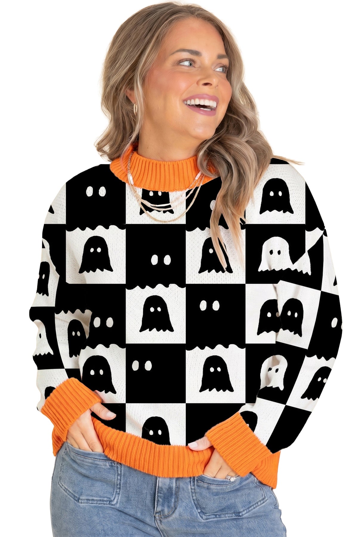 Black High Neck Drop Shoulder Geometric Print Sweater