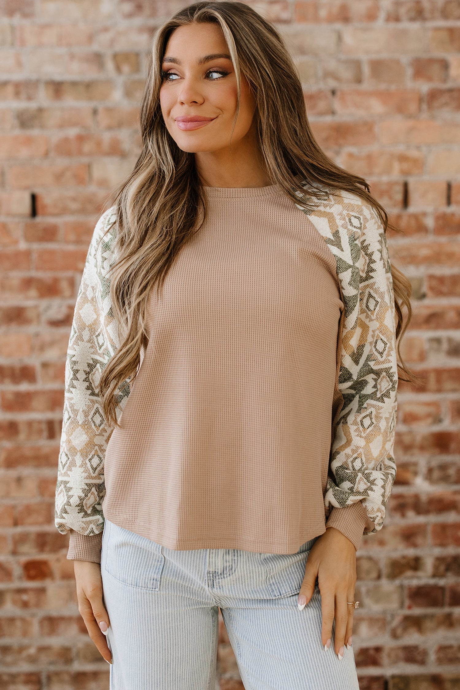 Smoke Gray Waffle Aztec Patchwork Raglan Sleeve Knit Top