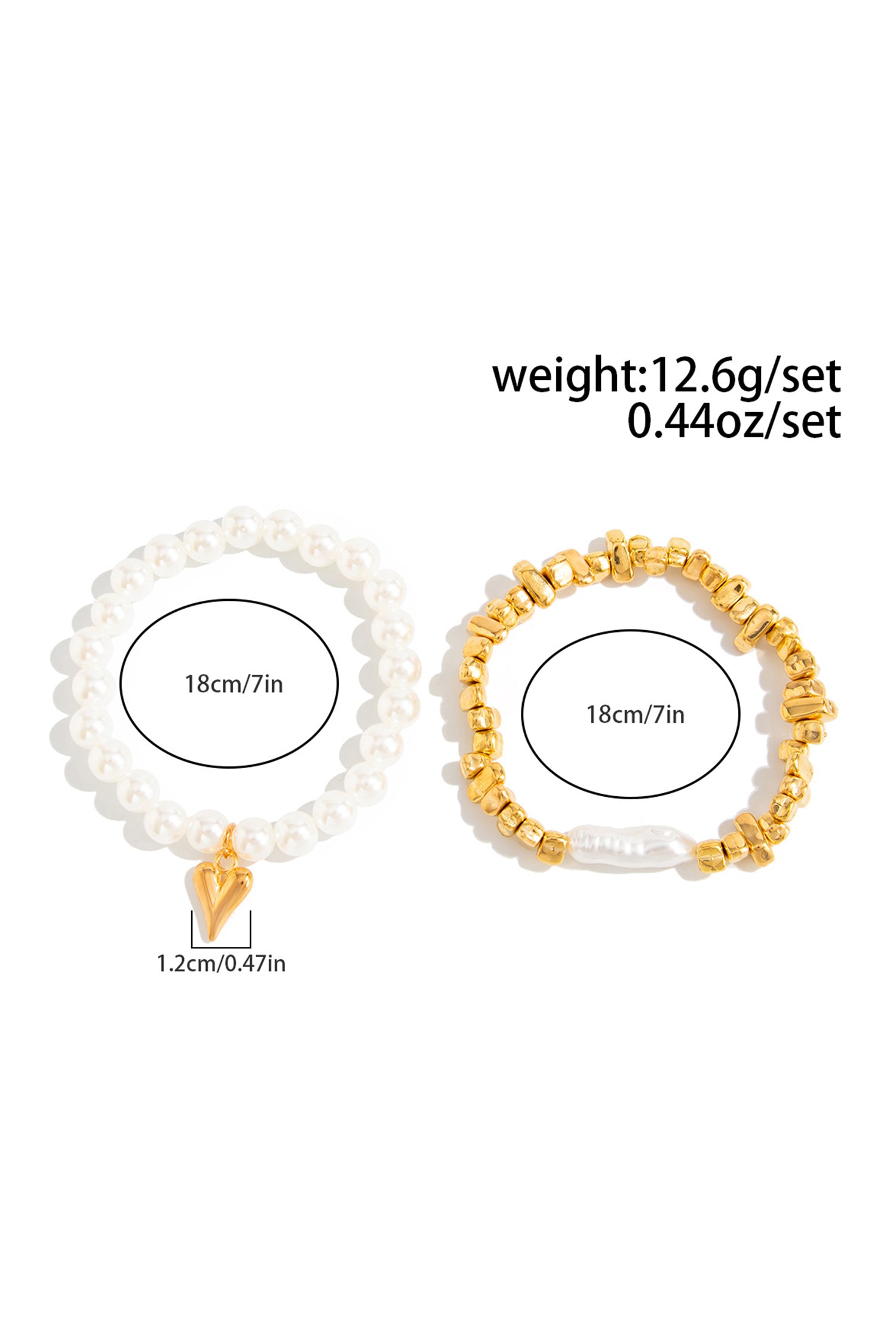Gold Plated Irregular Bead Pearl Contrast Heart Decor 2pcs Bracelet Set